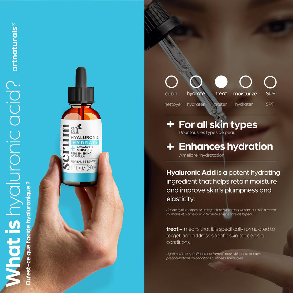 Artnaturals sérum acide hyaluronique – routine quotidienne avec d'autres soins.