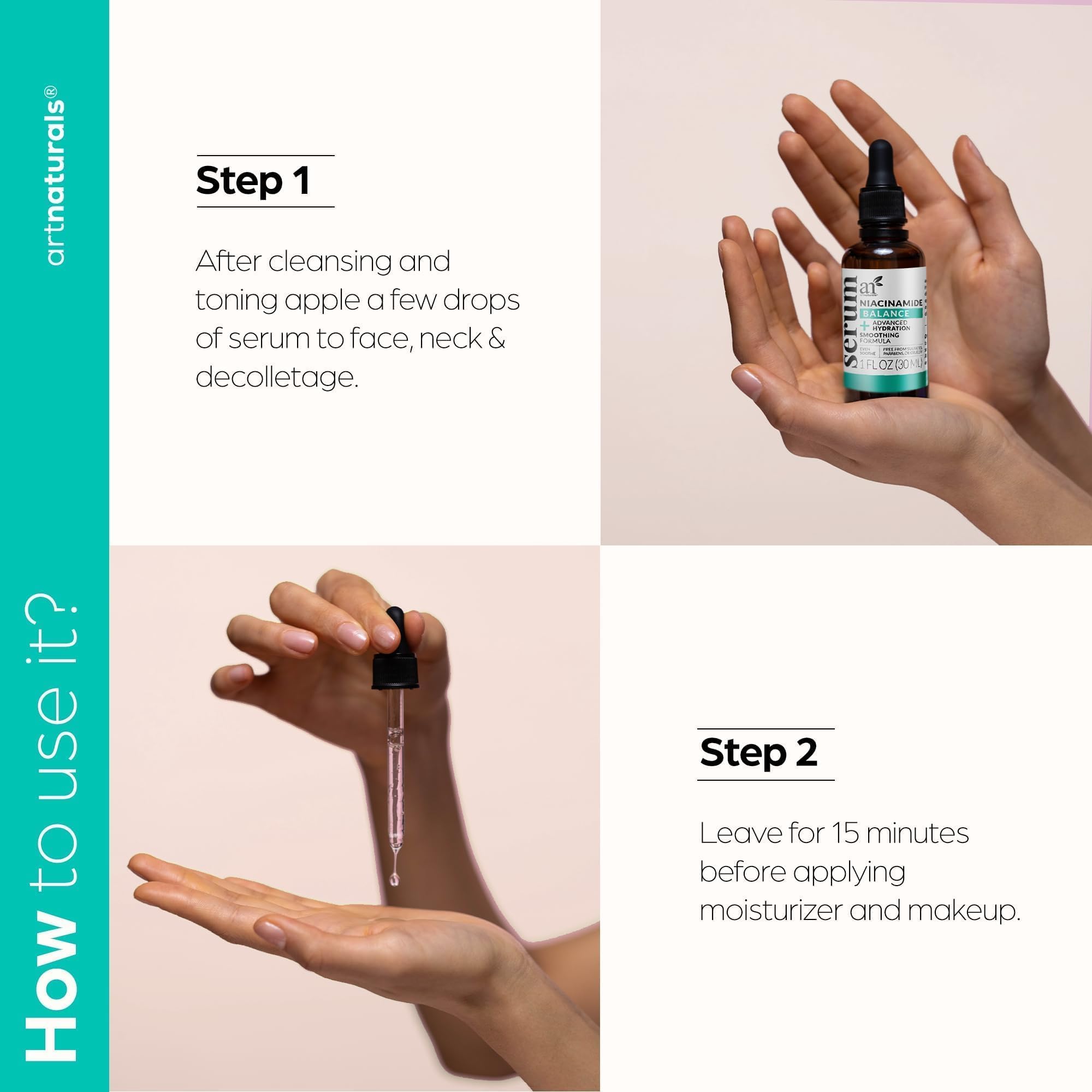 Texture du sérum Artnaturals Niacinamide sur la peau, peau plus lisse.