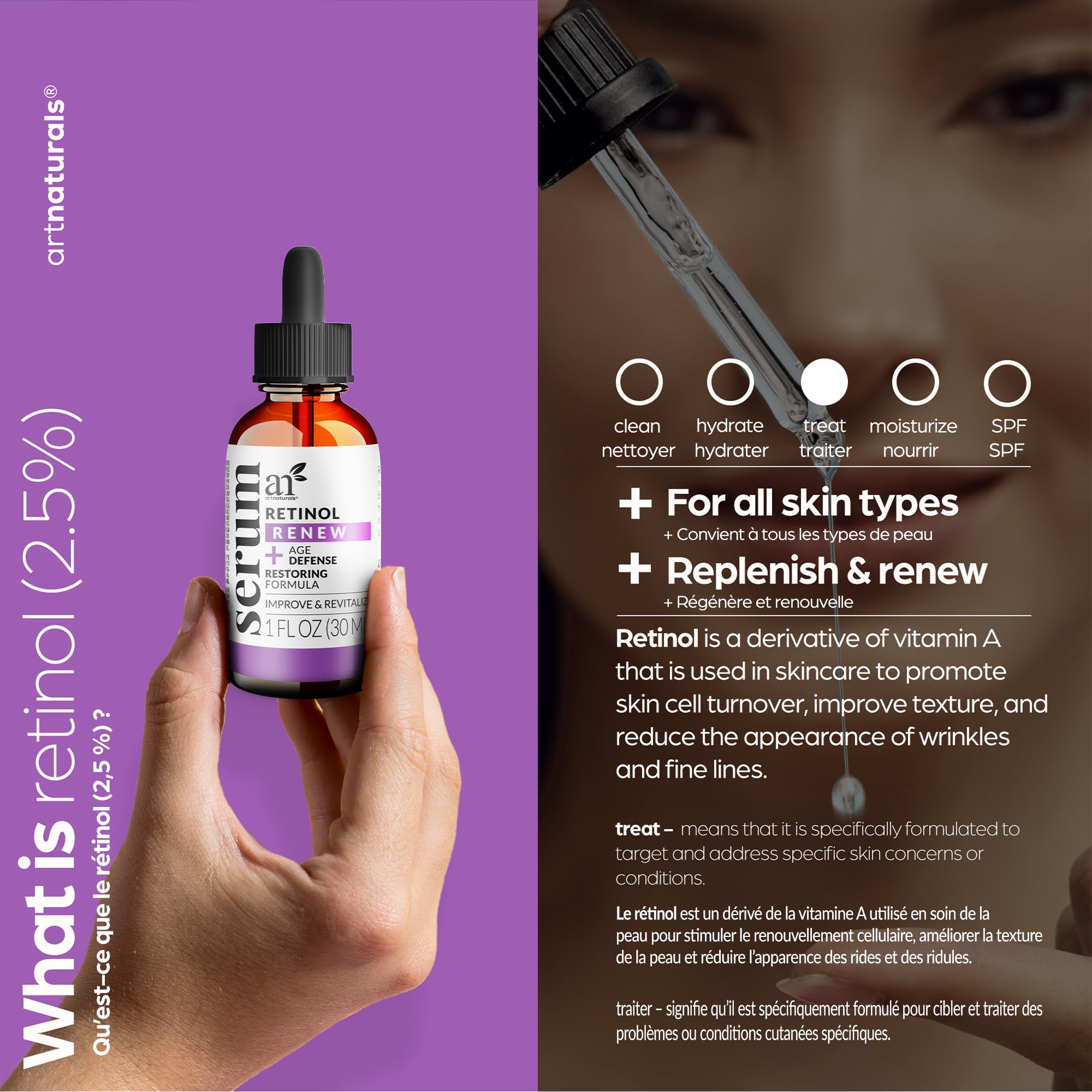 Artnaturals sérum retinol – peau lumineuse et texture affinée.