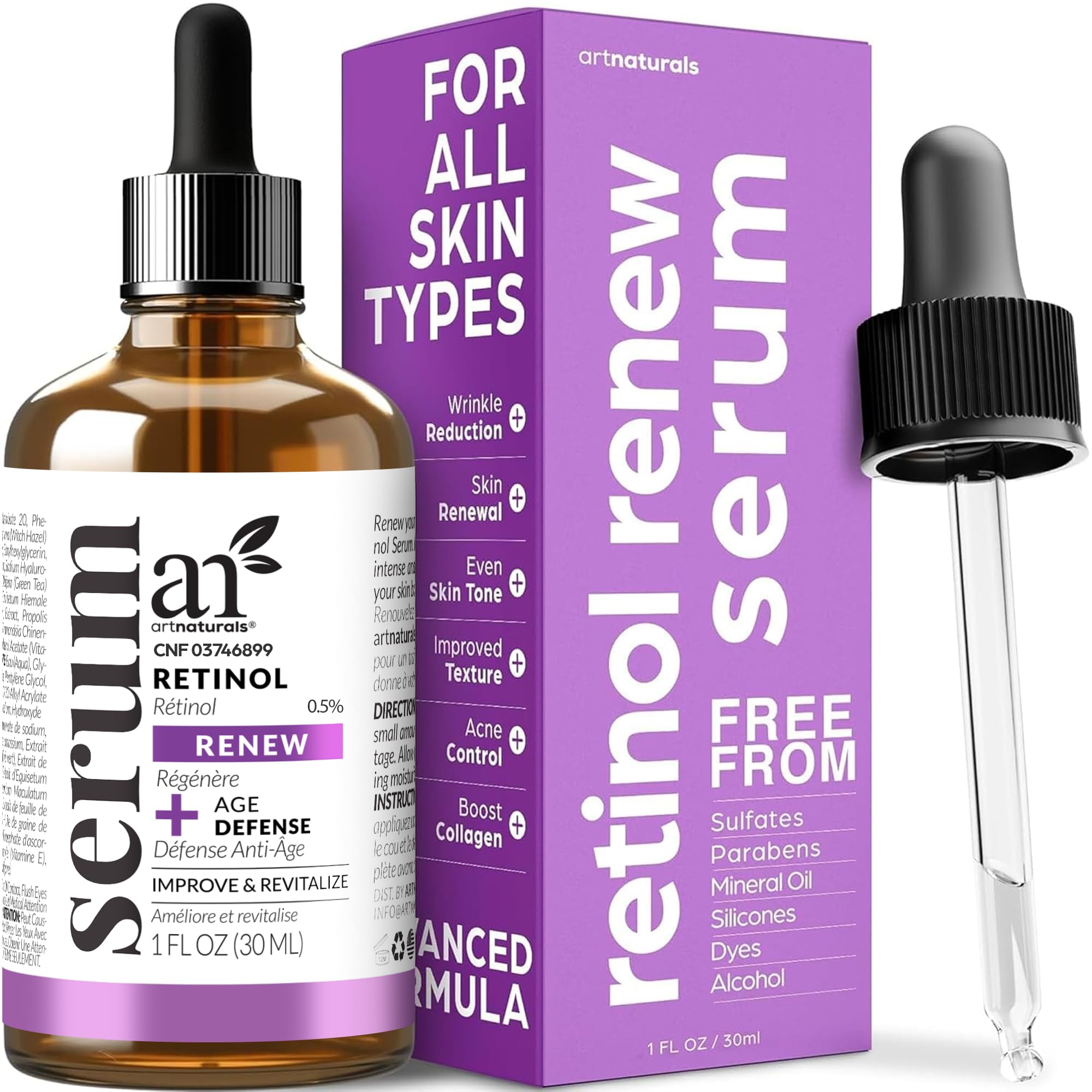 Artnaturals sérum retinol visage – flacon élégant pour peau lumineuse.