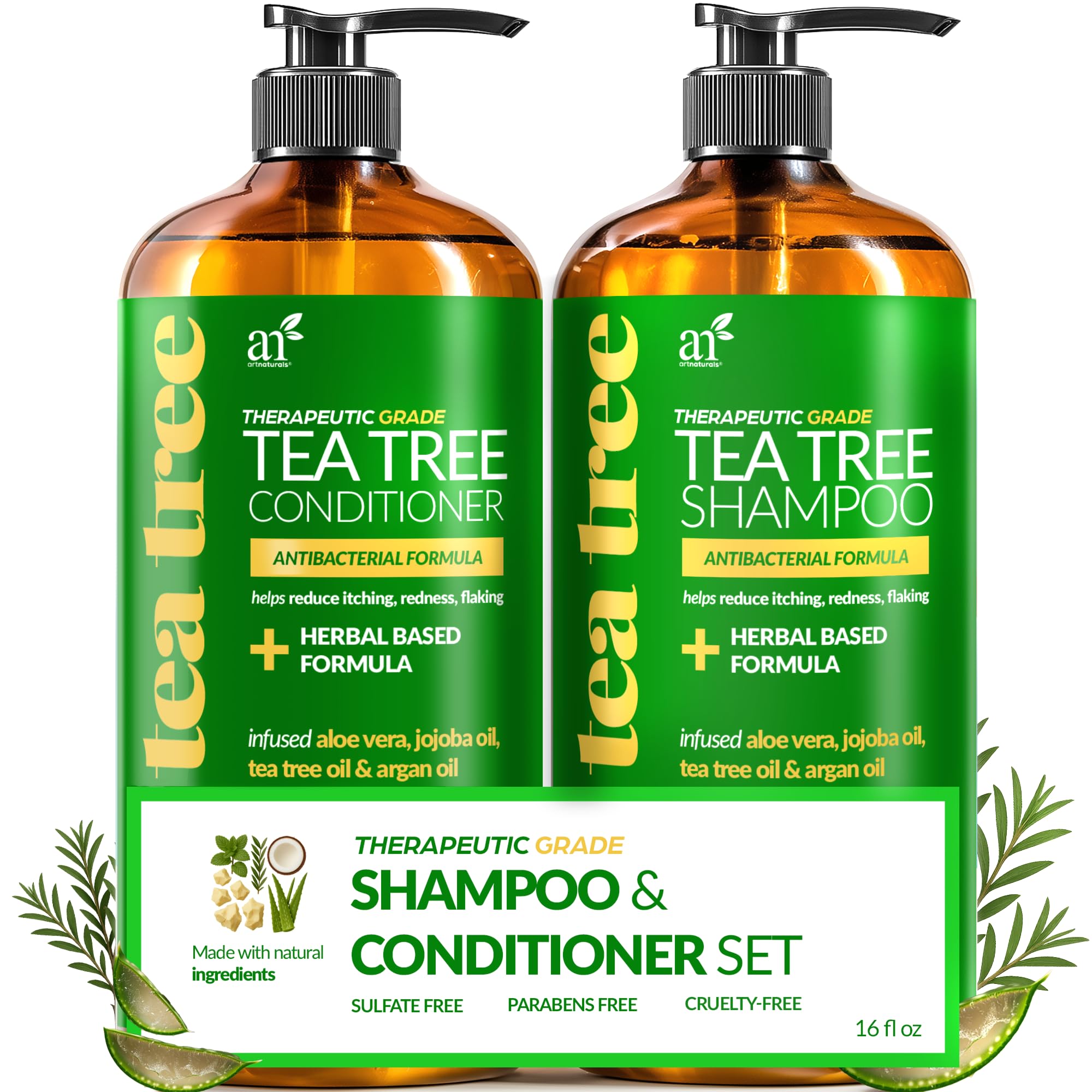 Artnaturals Shampoing arbre à thé – flacon visible pour un nettoyage en profondeur.