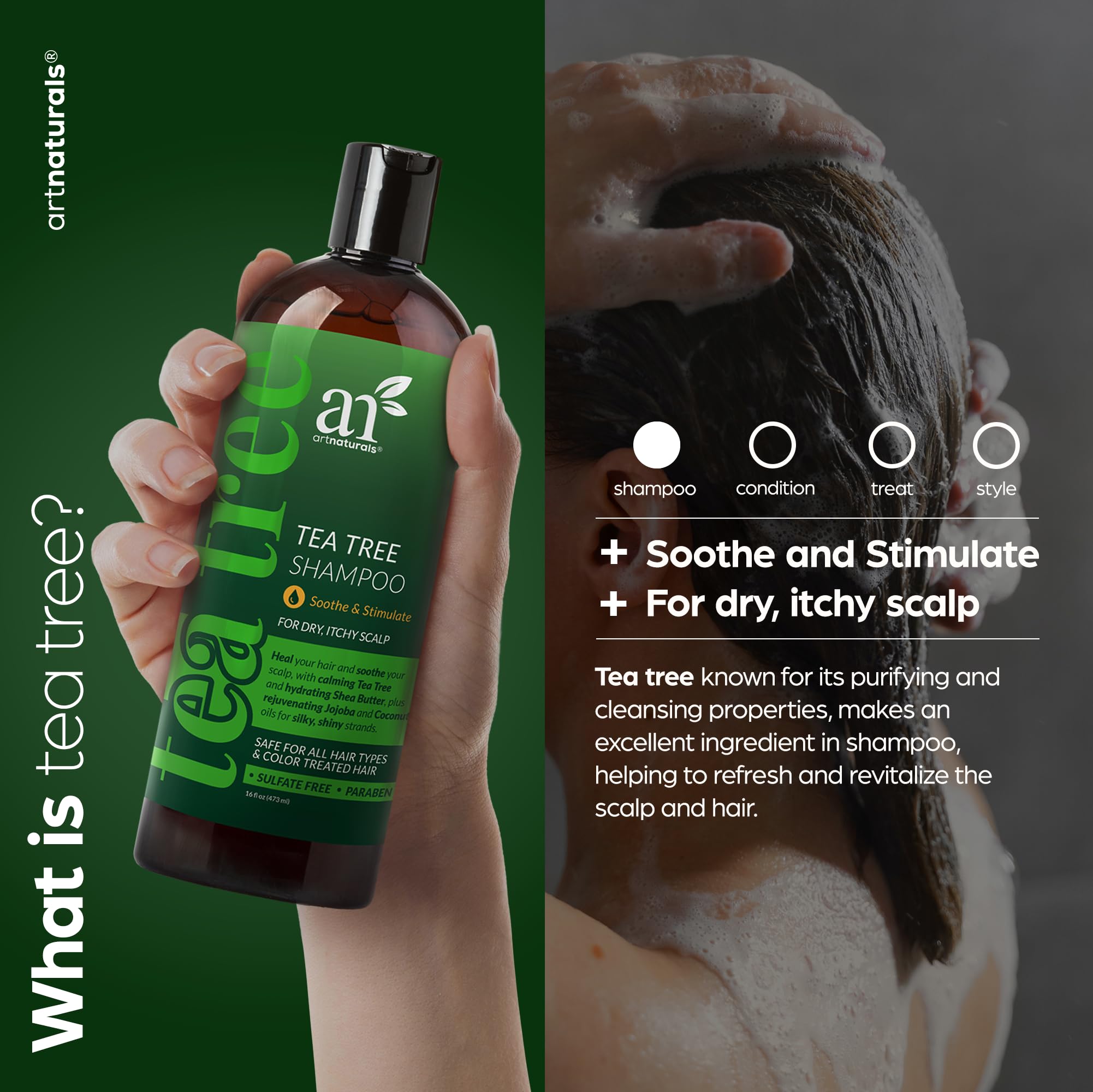 Artnaturals Shampoing arbre à thé – etiquette recto, emballage informatif.