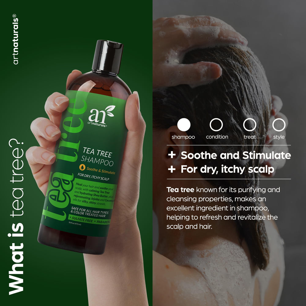 Artnaturals Shampoing arbre à thé – etiquette recto, emballage informatif.
