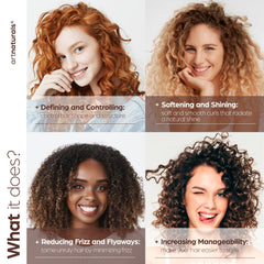 Texture de la crème appliquée sur cheveux pour boucles définies et lisses.