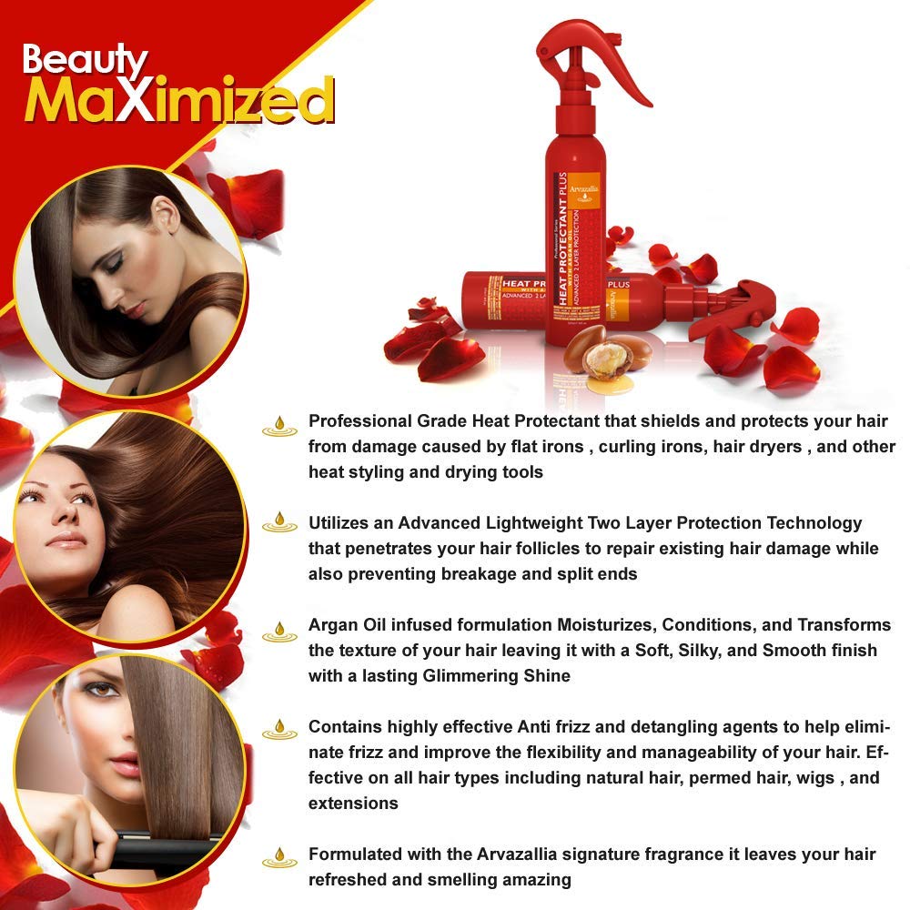 Arvazallia Heat Protectant Spray, huile d’argan: hydratation et finition lisse.