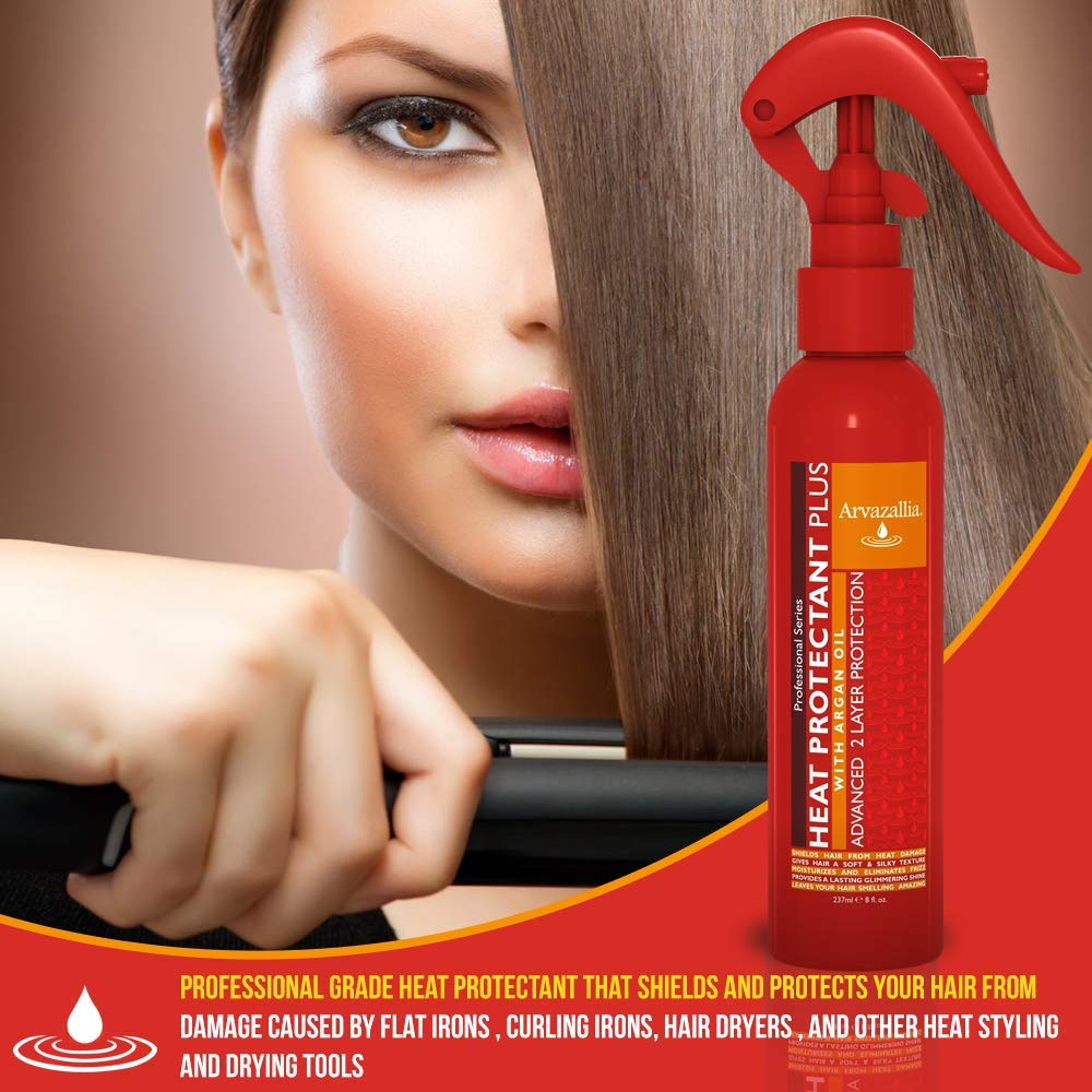 Arvazallia Heat Protectant Spray, brillance soyeuse: cheveux lisses et éclatants.