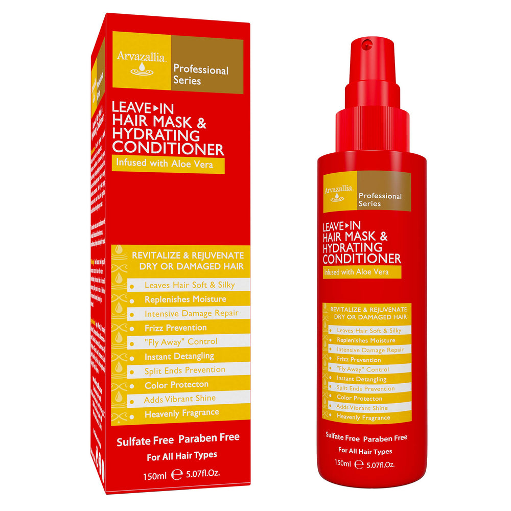 Arvazallia leave-in hair mask bottle provides lightweight moisture and smoother hair