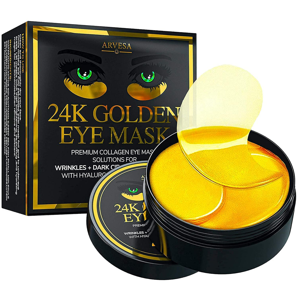 Patchs Arvesa Or 24k sur les poches sous les yeux offrant hydratation et éclat.