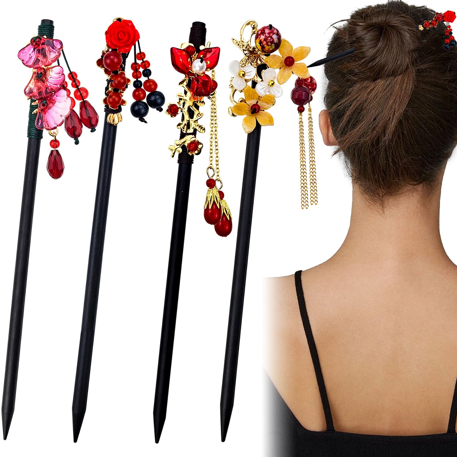 Baguettes Arvintas en bois avec fleurs et perles, élégantes pour toutes occasions.