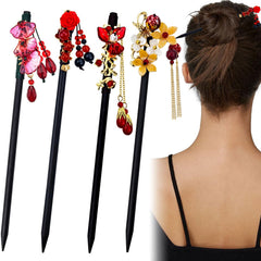 Baguettes Arvintas en bois avec fleurs et perles, élégantes pour toutes occasions.
