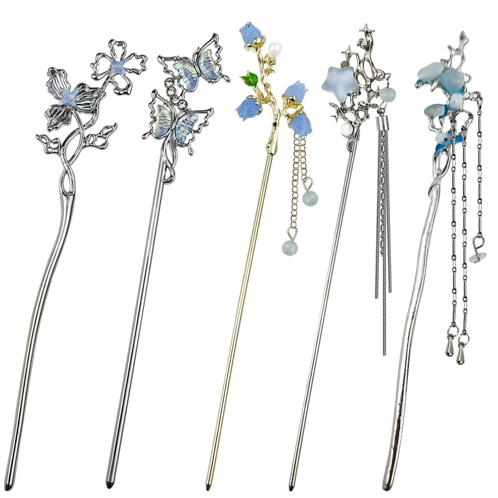 Bâtons cheveux Arvintas papillon et fleur, accessoire chic pour chignon durable.