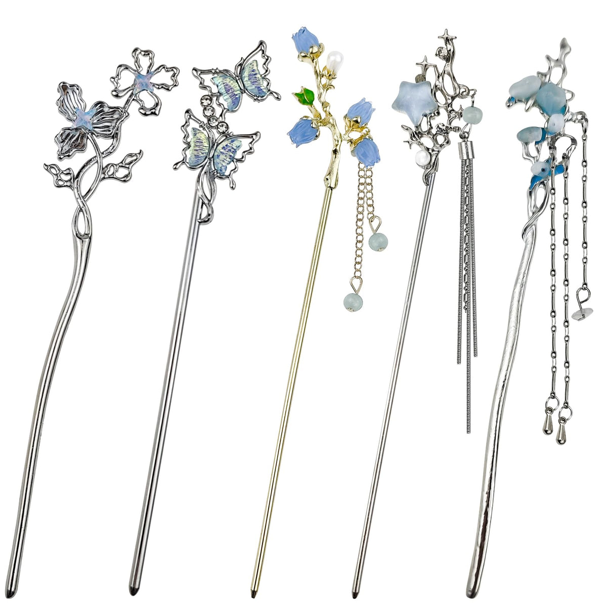 Bâtons cheveux Arvintas papillon et fleur, accessoire chic pour chignon durable.