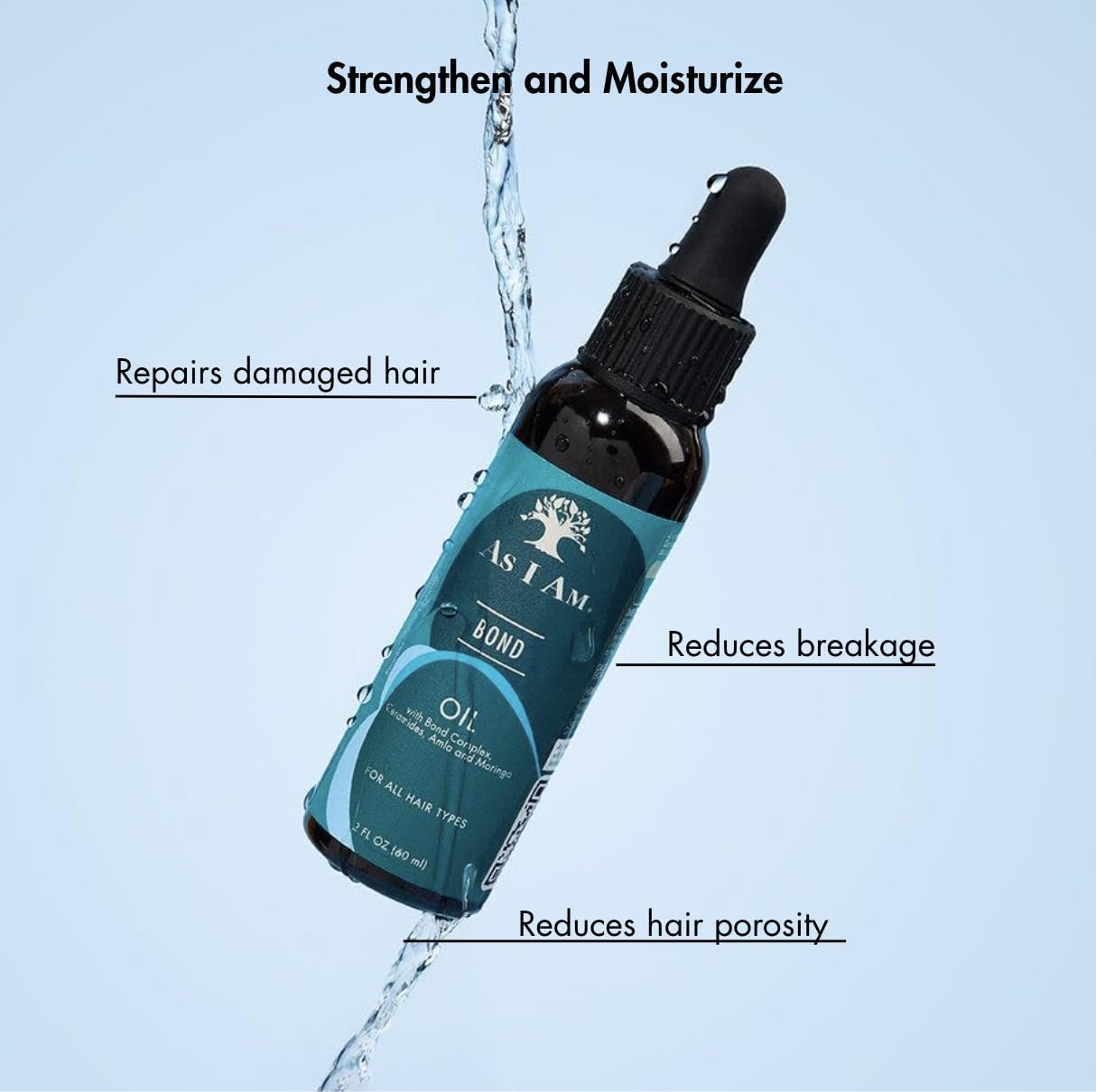 As I Am Bond Oil : ingrédients moringa-amla-céramides pour nourrir et protéger.