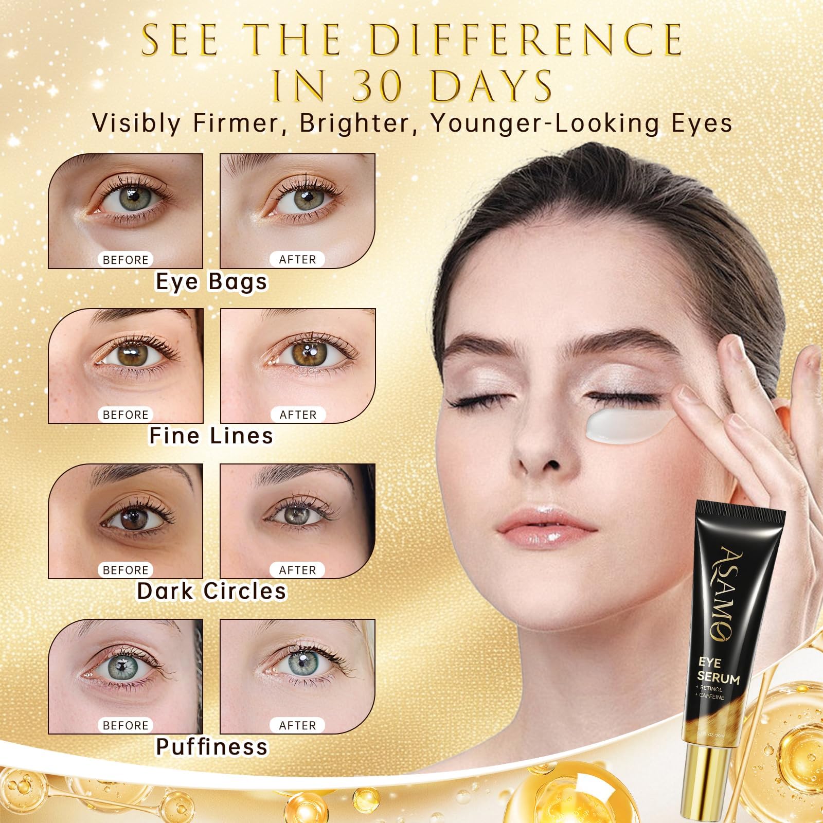 ASAMO application yeux, dépôt précis et massage léger autour des yeux.