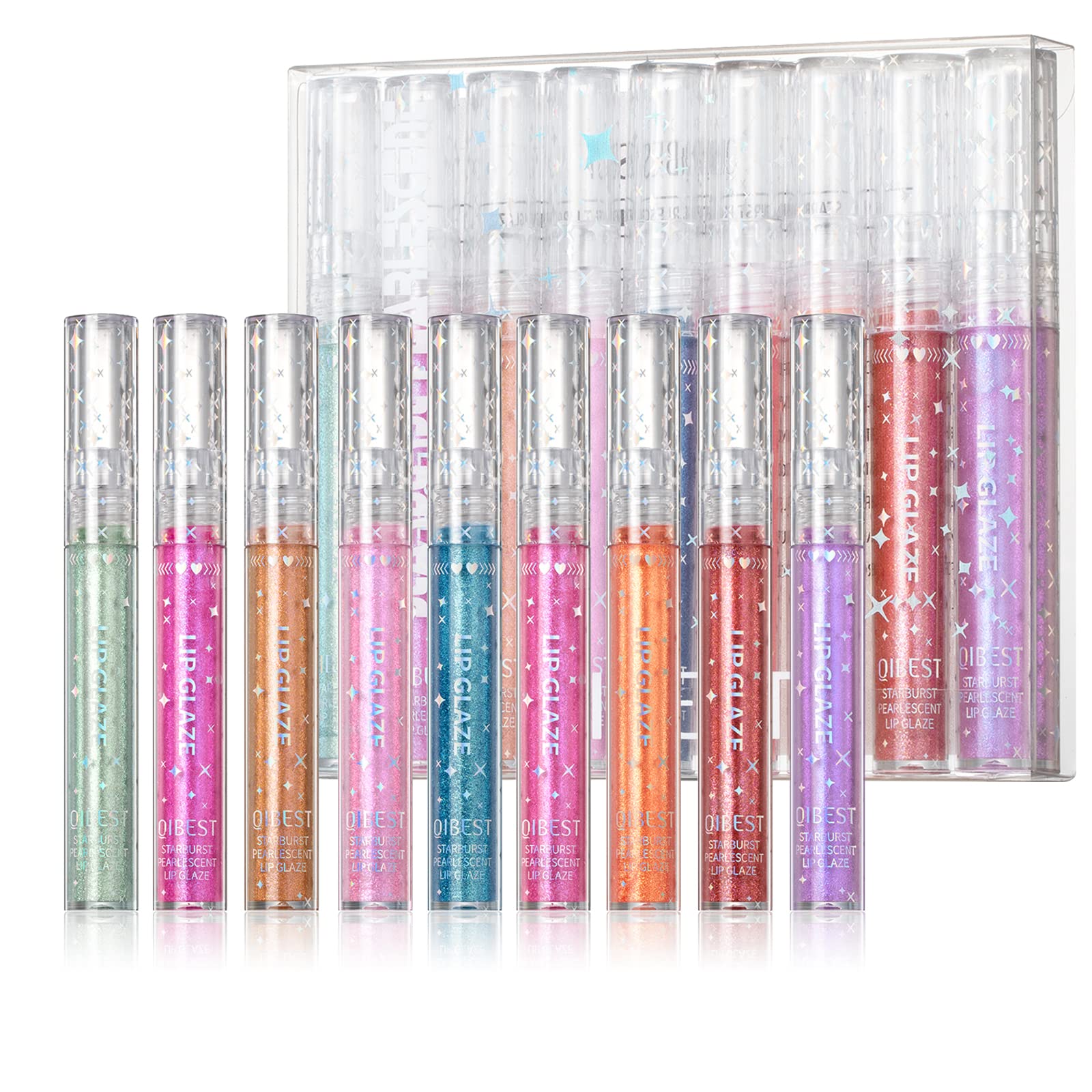 Aseawave gloss lèvres montrant l’ensemble de 9 teintes scintillantes pour un fini brillant et durable.