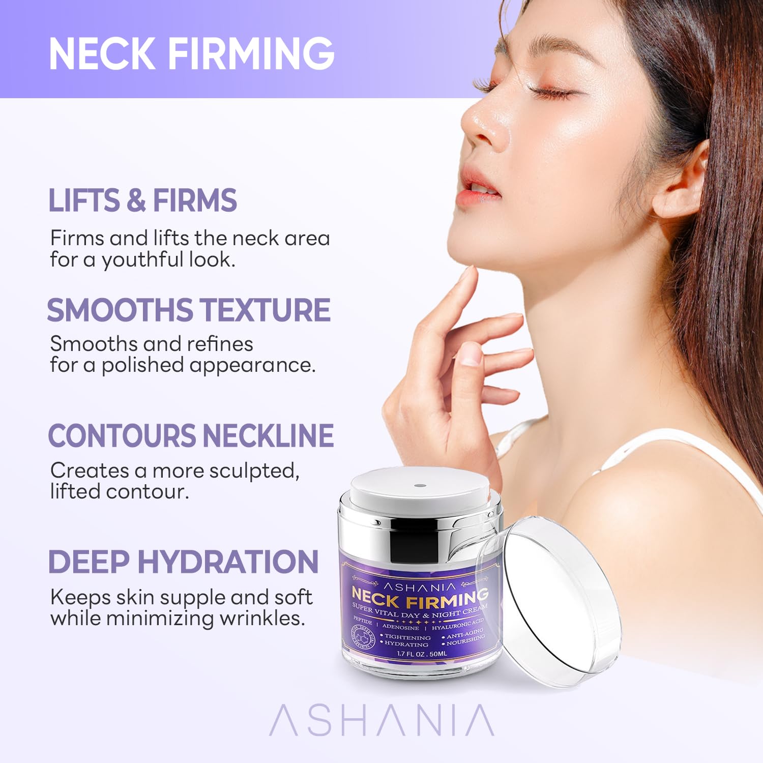 Ashania Crème raffermissante du cou – pompe hygiénique pour doser sans gaspillage.
