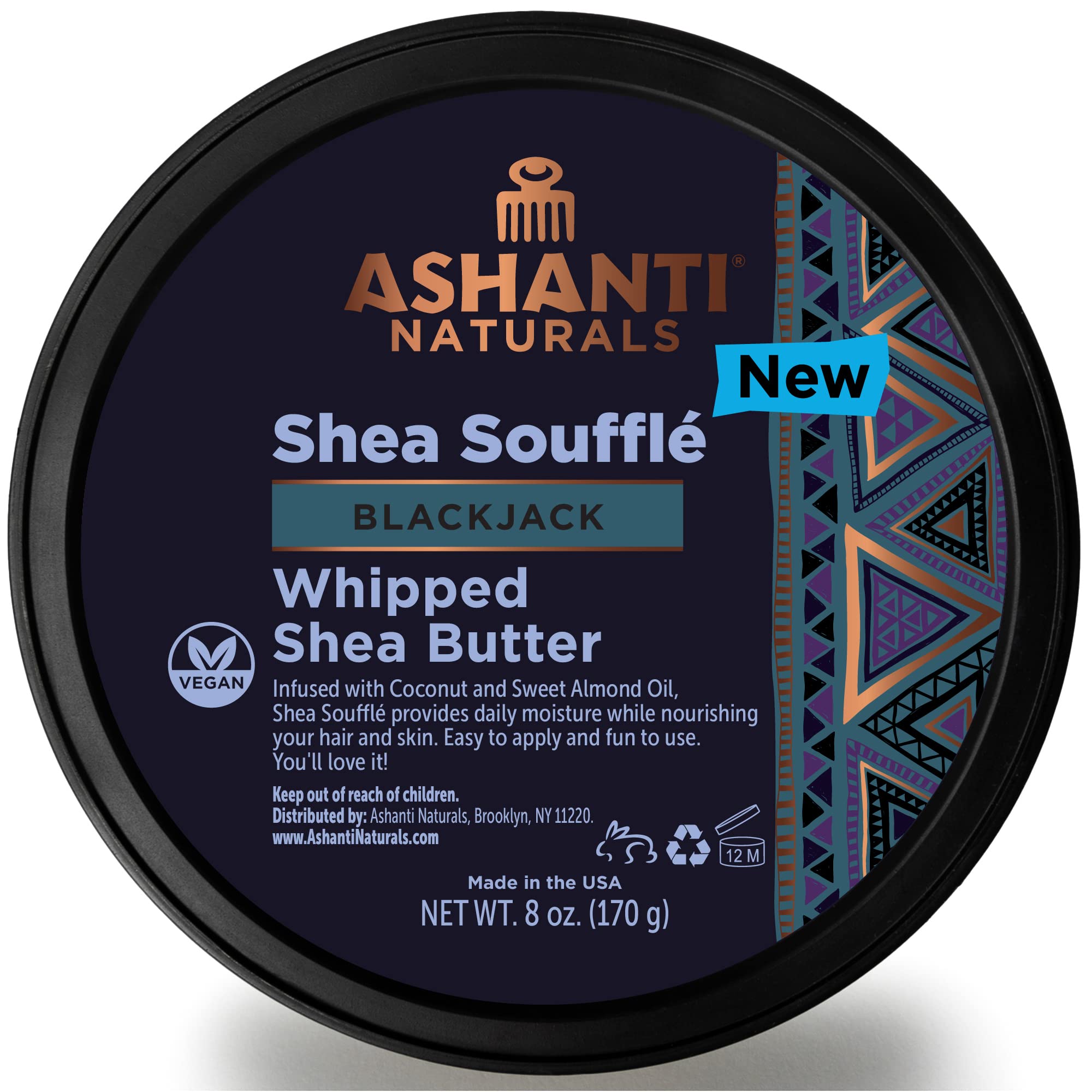 Ashanti Naturals Beurre Shea Fouetté Blackjack dans le flacon, hydratation durable et parfum masculin.