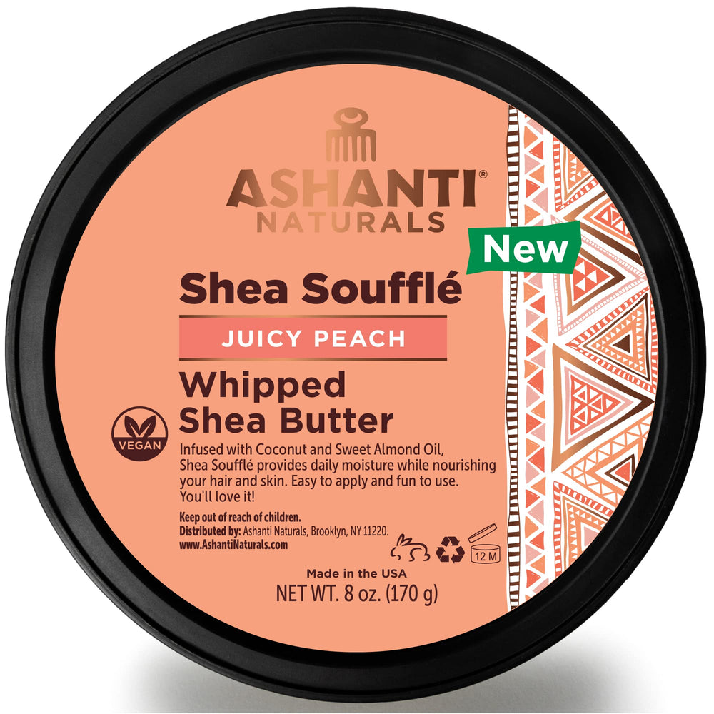 Ashanti Naturals Beurre Shea Mousse Péche Fruitee, hydratation légère pour peau radieuse.