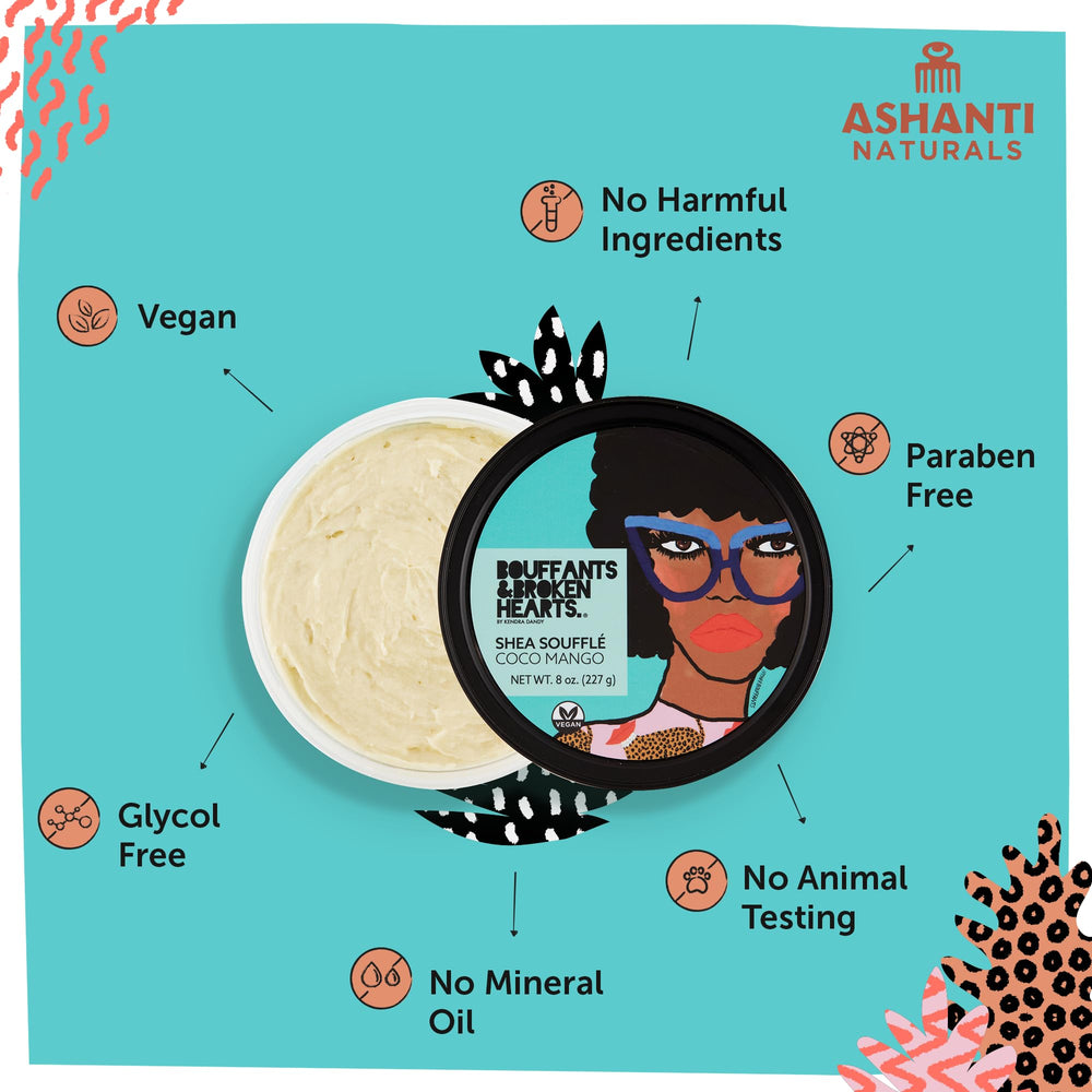 Ashanti Naturals Beurre karité fouetté coco mangue, hydratation nourrissante.