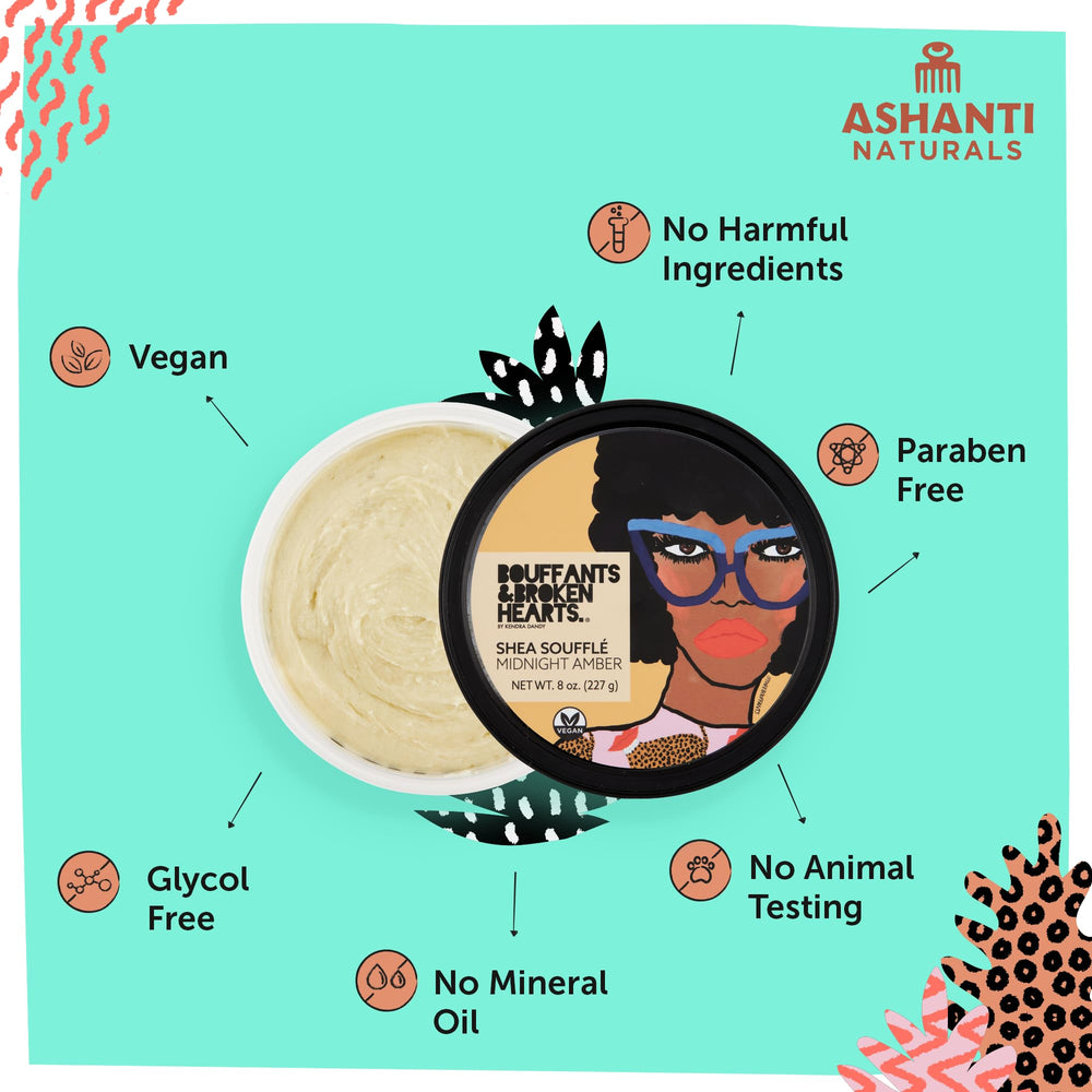 Ingrédients Ashanti Naturals: karité, coco et amande douce pour nourrir en douceur.