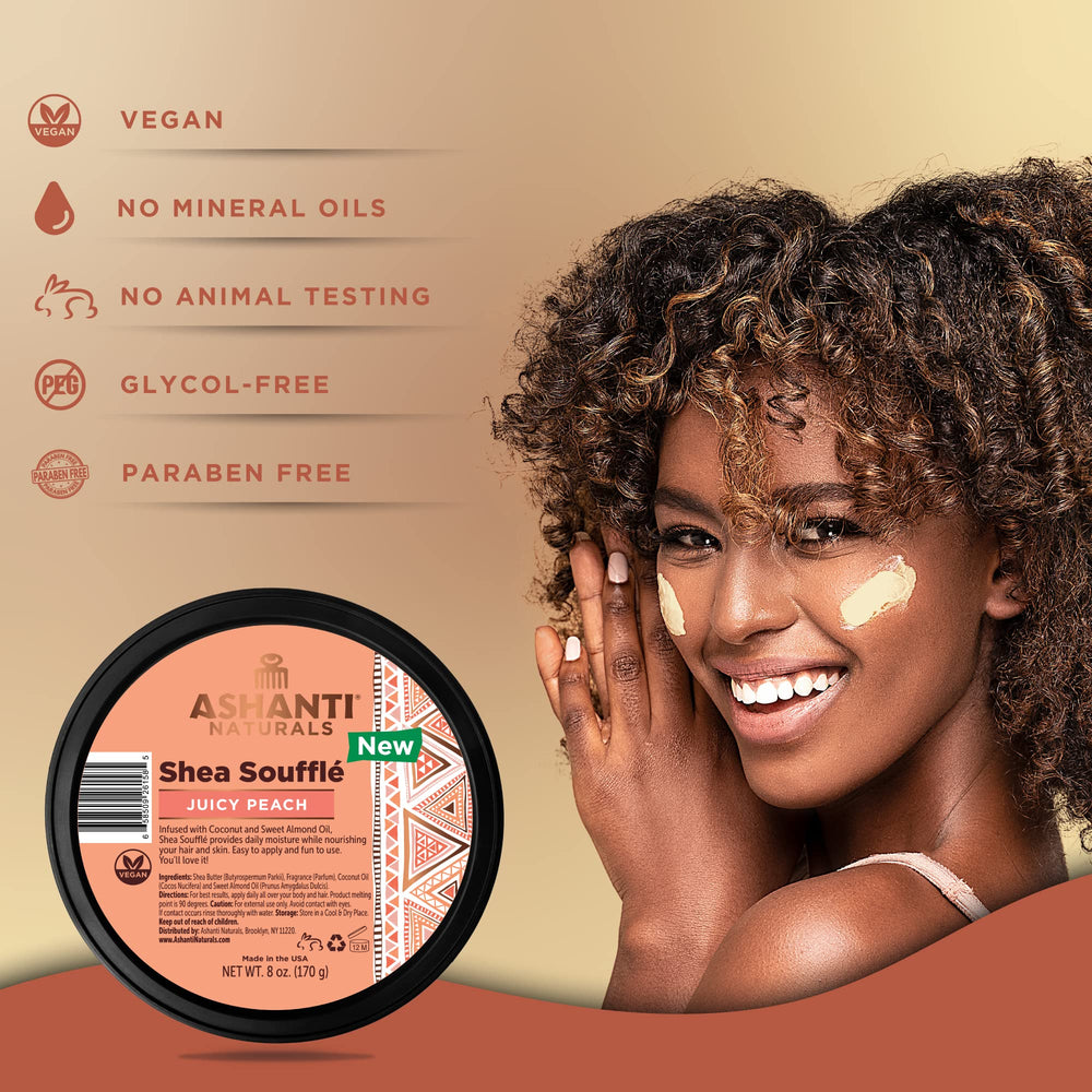 Ashanti Naturals Pot Beurre Shea Péche Fruitee, application facile pour peau douce.