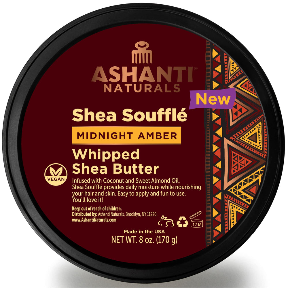 Ashanti Naturals Beurre Shea Soufflé Midnight Amber, bouteille prête pour hydratation quotidienne.