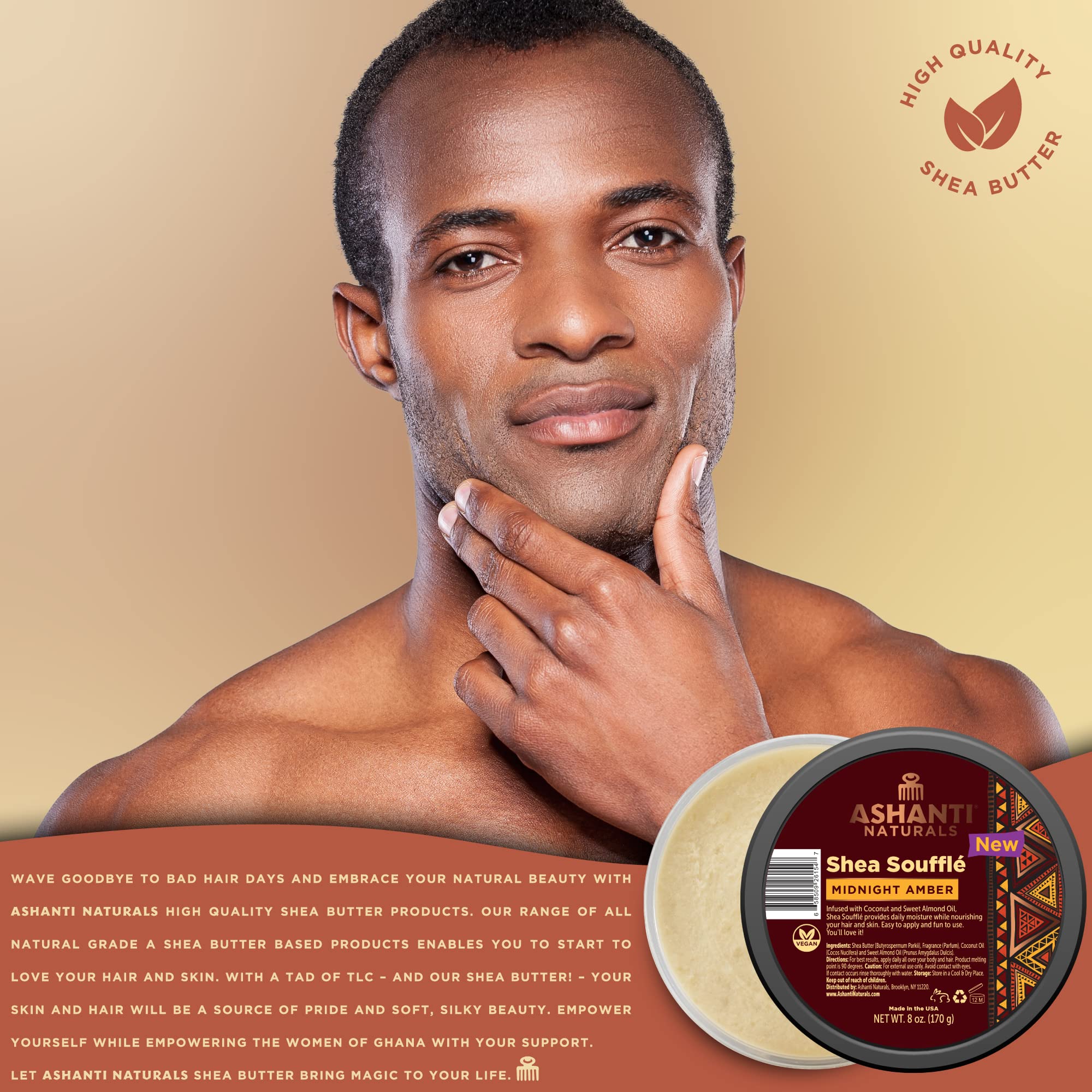 Ashanti Naturals Beurre Shea Soufflé, parfum Midnight Amber pour expérience sensorielle.