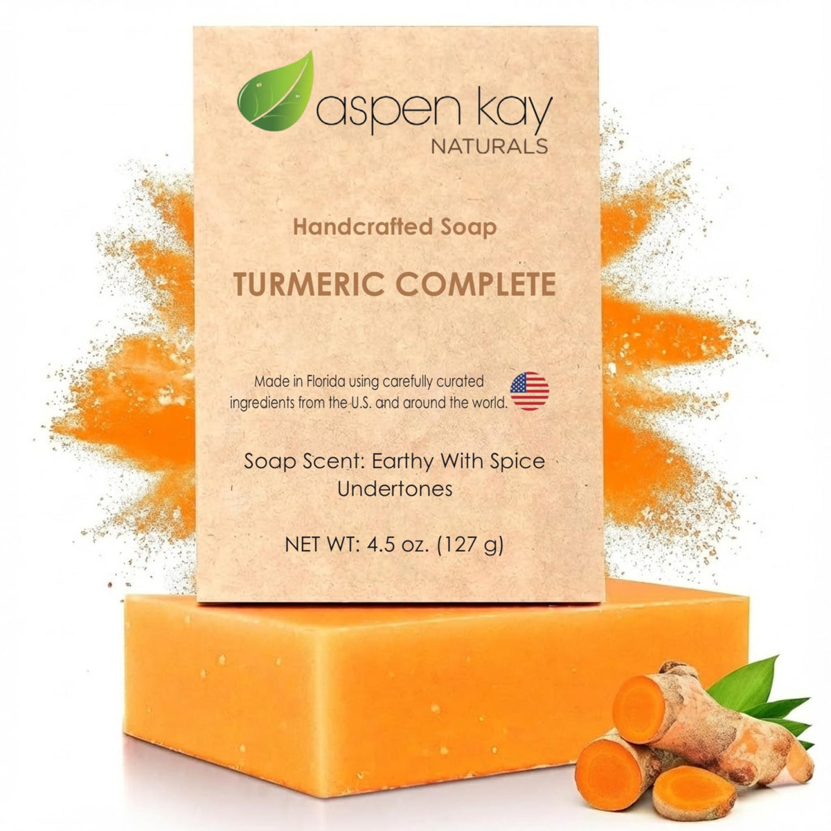 Savon curcuma Aspen Kay Naturals pour visage et corps, douceur naturelle.