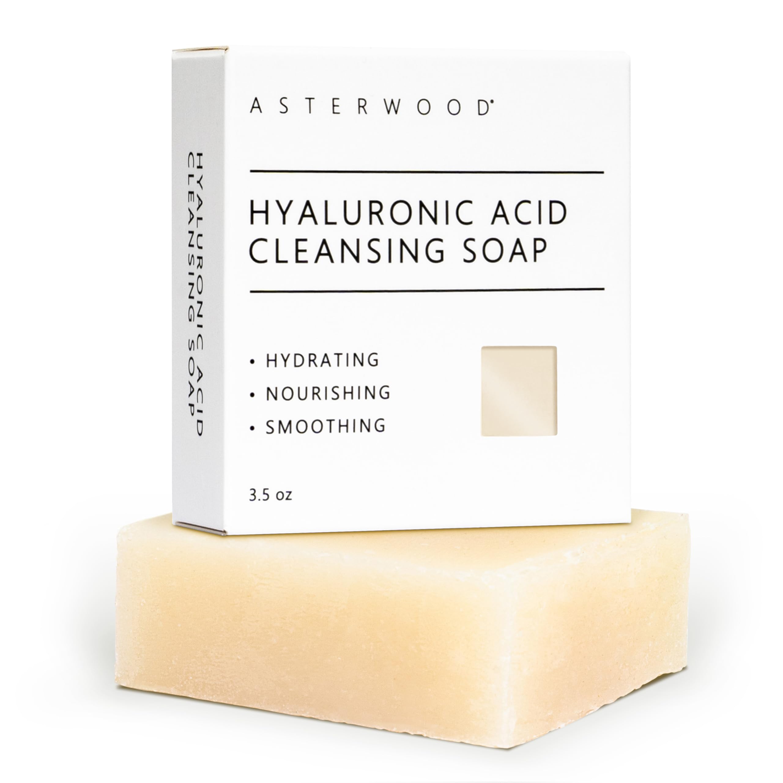 Asterwood Savon Visage Hyaluronique - emballage épuré, hydratation douce pour la peau.
