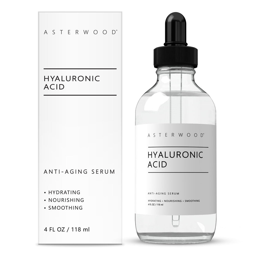 Sérum Asterwood Acide Hyaluronique pour le visage, bouteille en gros plan, hydratation durable