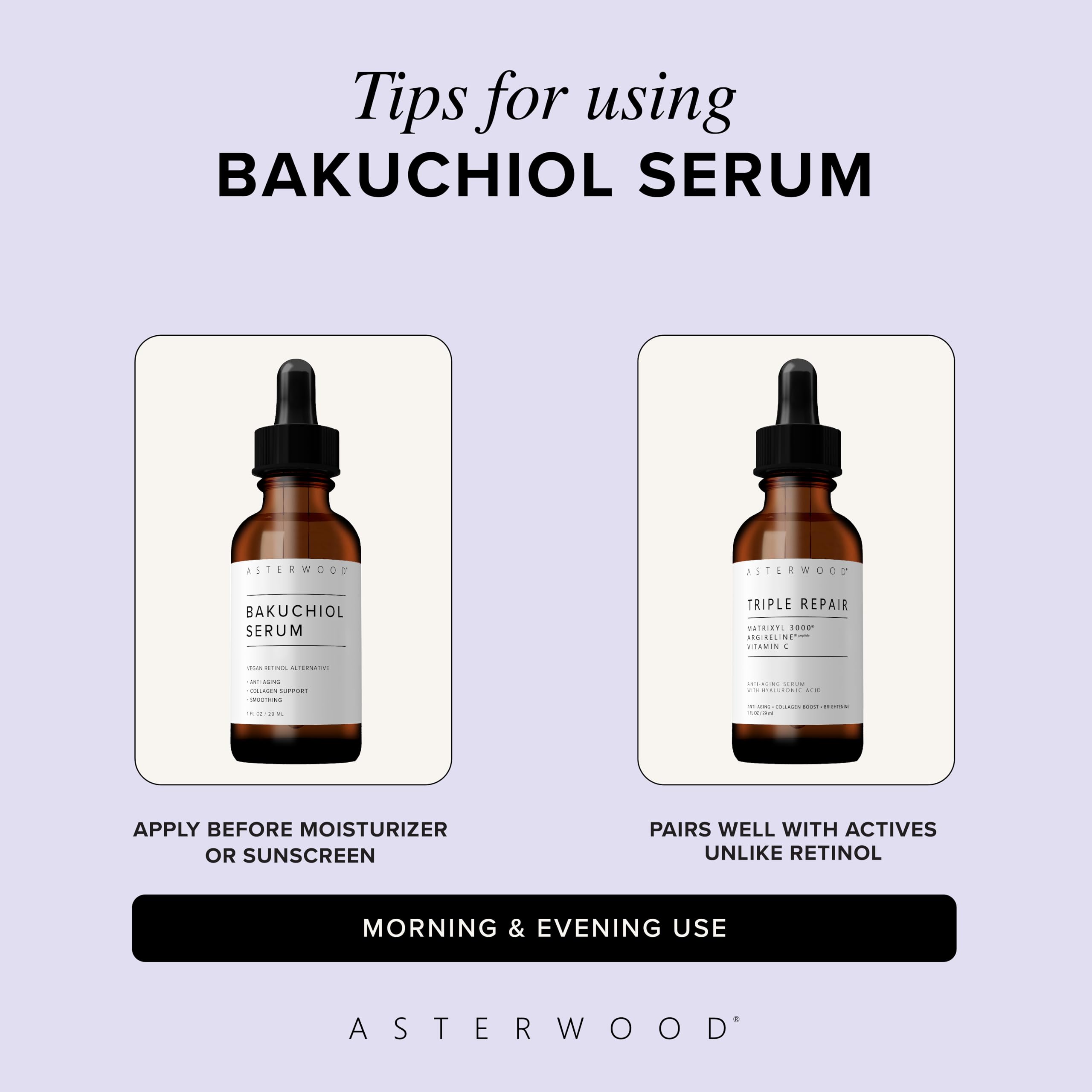 Usage quotidien Bakuchiol Asterwood, peau visiblement lissée avec régularité.