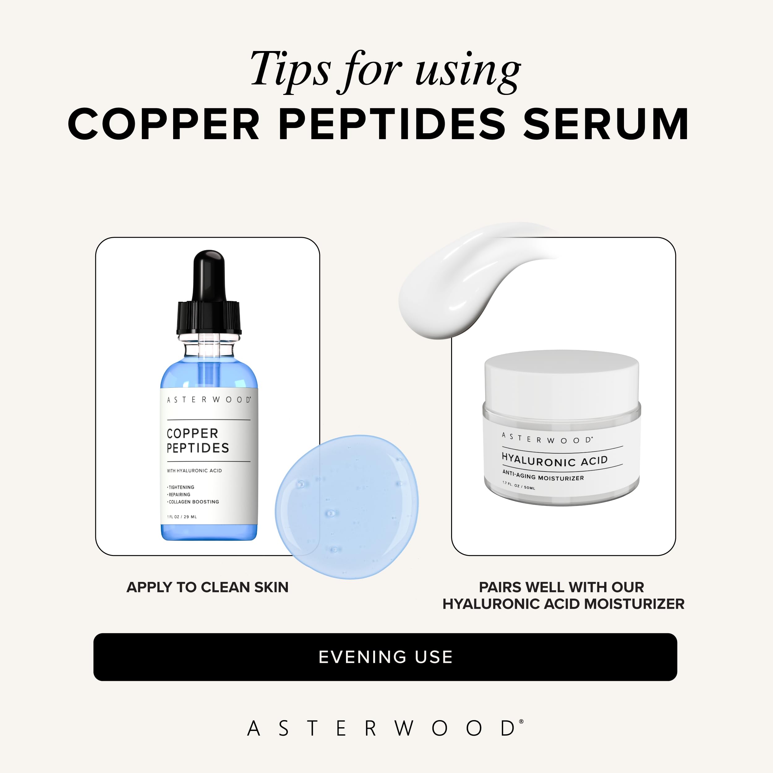 Sérum cuivre Asterwood massage visage — application quotidienne pour peau tonifiée
