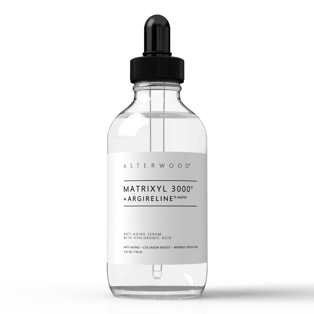 Sérum Asterwood Matrixyl 3000 + Argireline sur flacon, hydratation et fermeté potentielles.