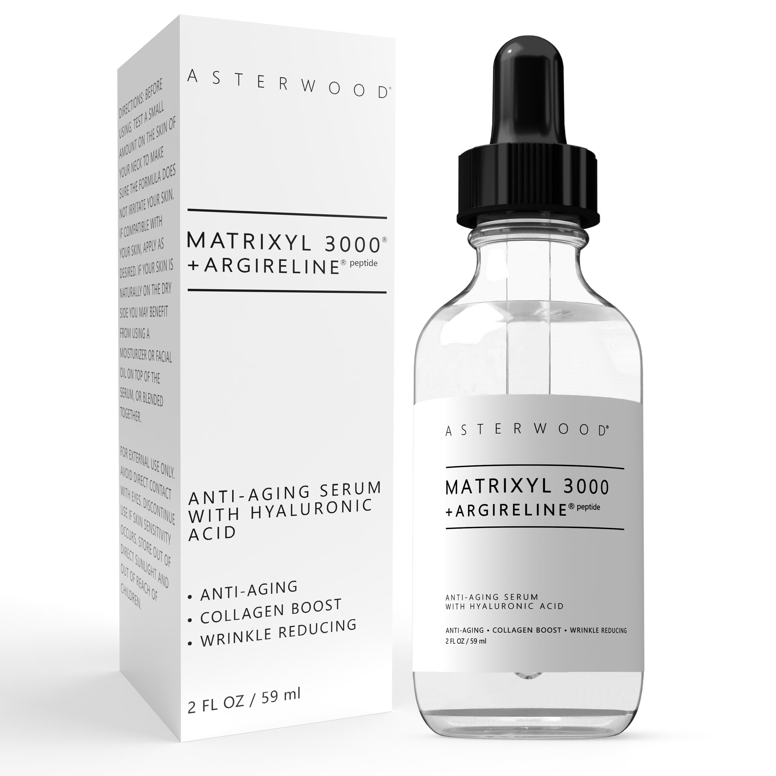 Sérum Asterwood Matrixyl 3000: flacon-pompe prêt à hydrater et raffermir la peau.