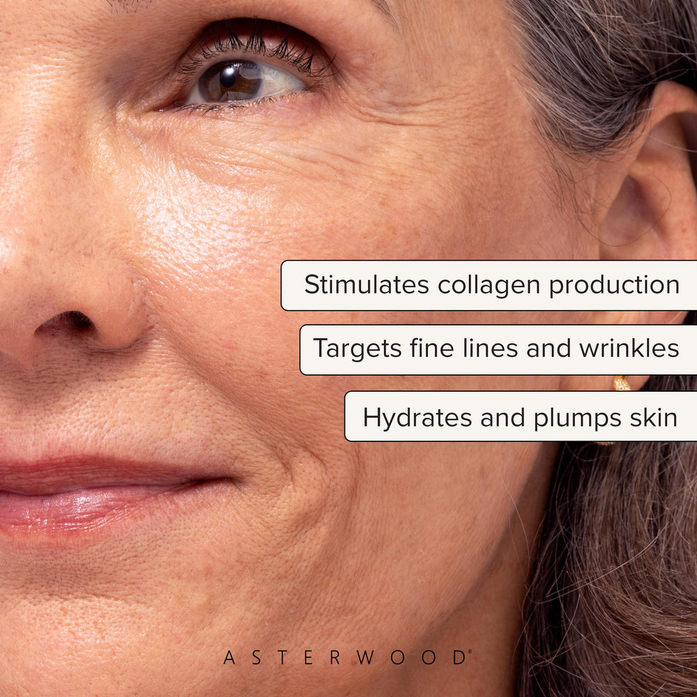 Close-up of dropper dispensing Asterwood serum for precise, controlled application.