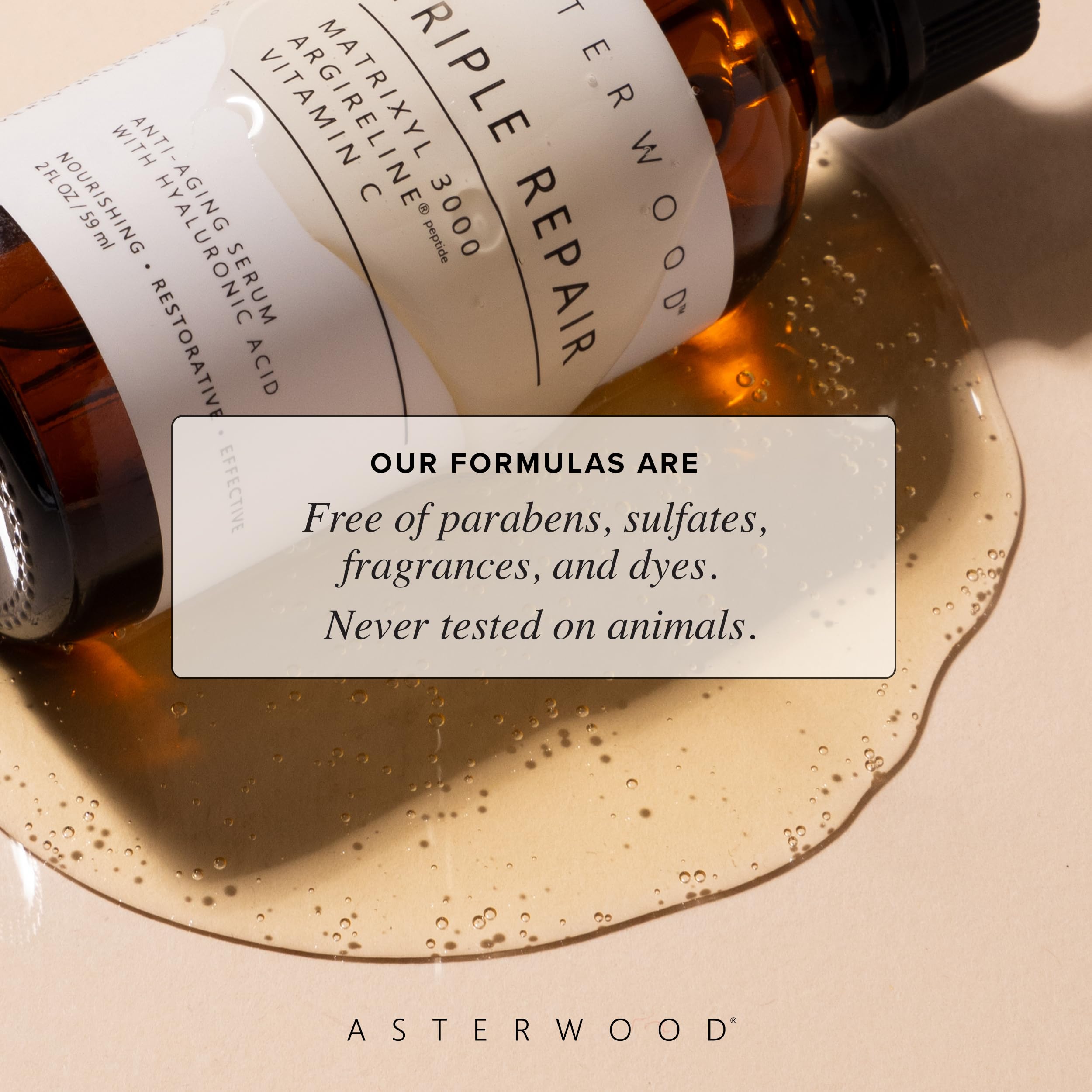 Sérum Asterwood Triple Repair, sans parfum: formulation douce pour peaux sensibles.