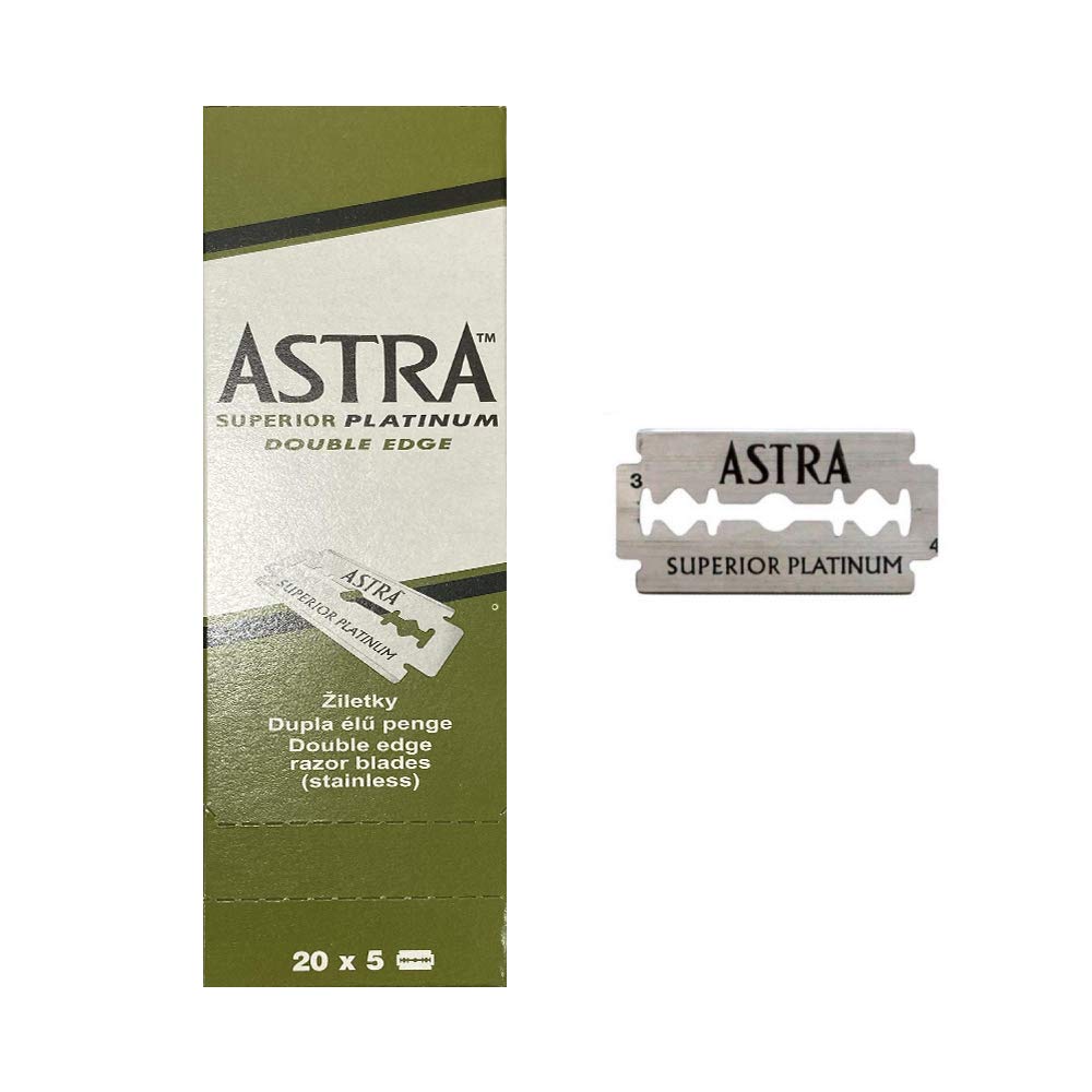 Lames Astra Superior Platine dans la boîte, rasage précis et durable.