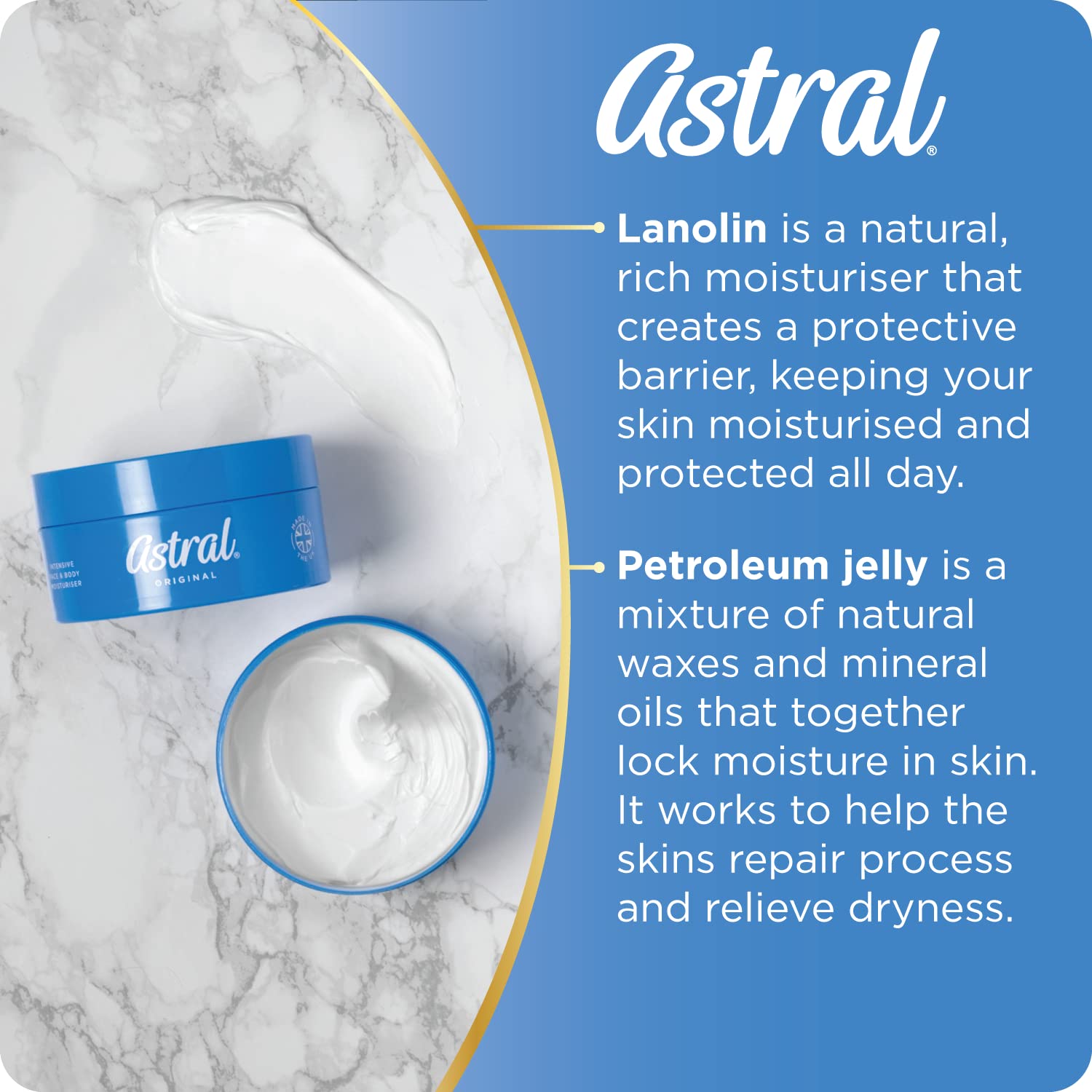 ASTRAL Crème hydratante, texture onctueuse laissant une douceur durable.