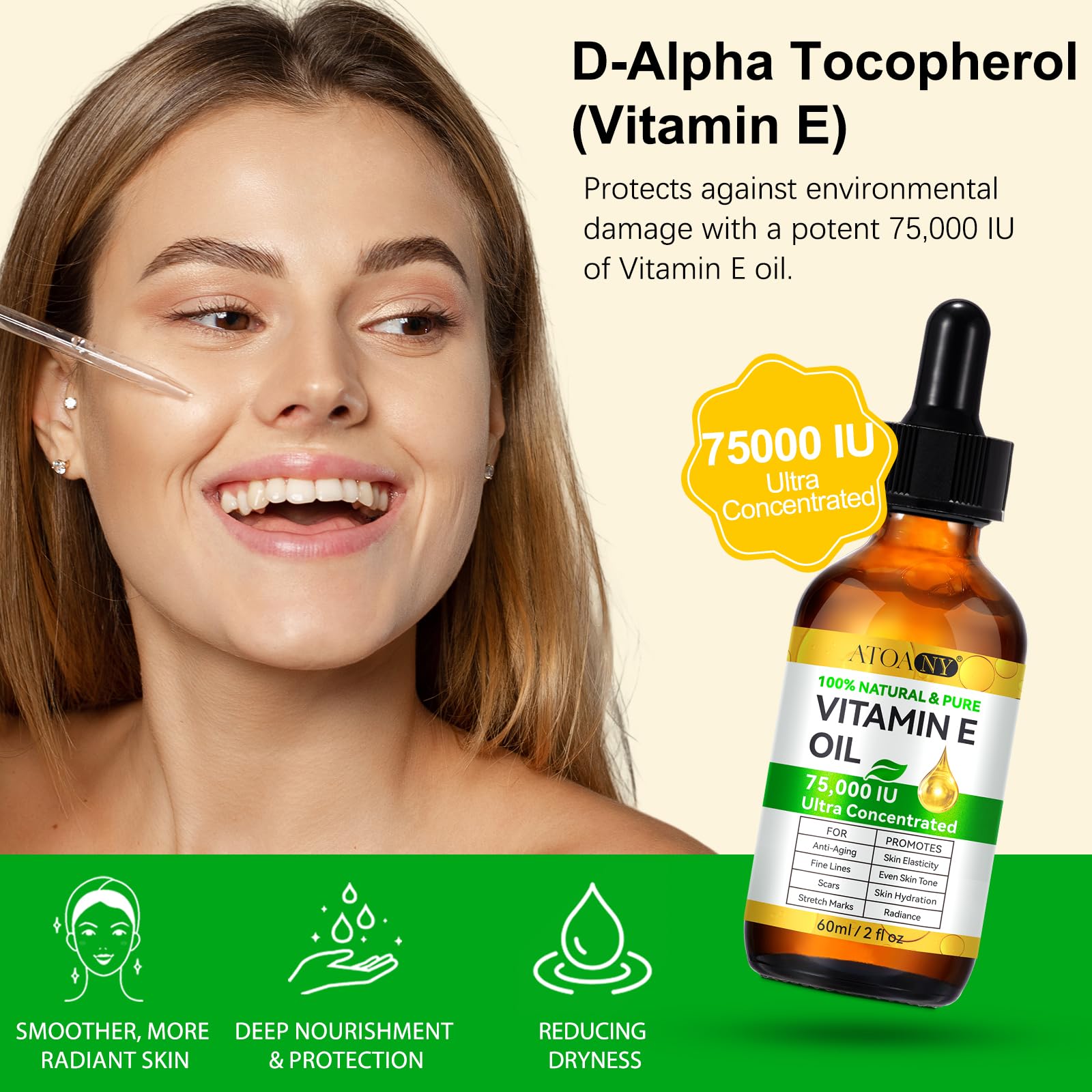 Huile vitamine E ATOANY 75 000 UI – application corps pour nourrissage rapide.