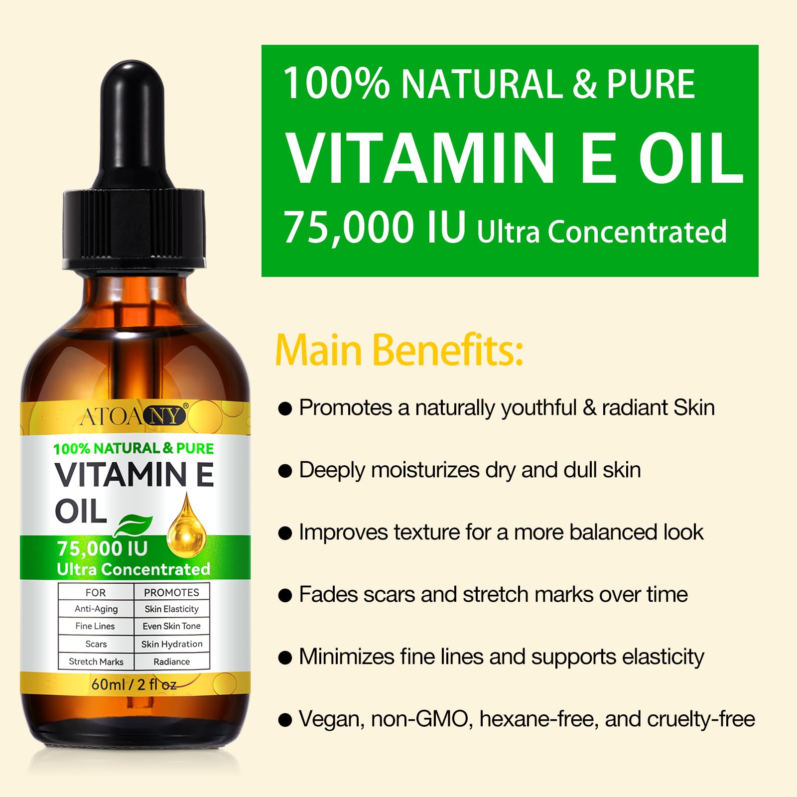 Huile vitamine E ATOANY 75 000 UI – application visage pour hydratation légère.