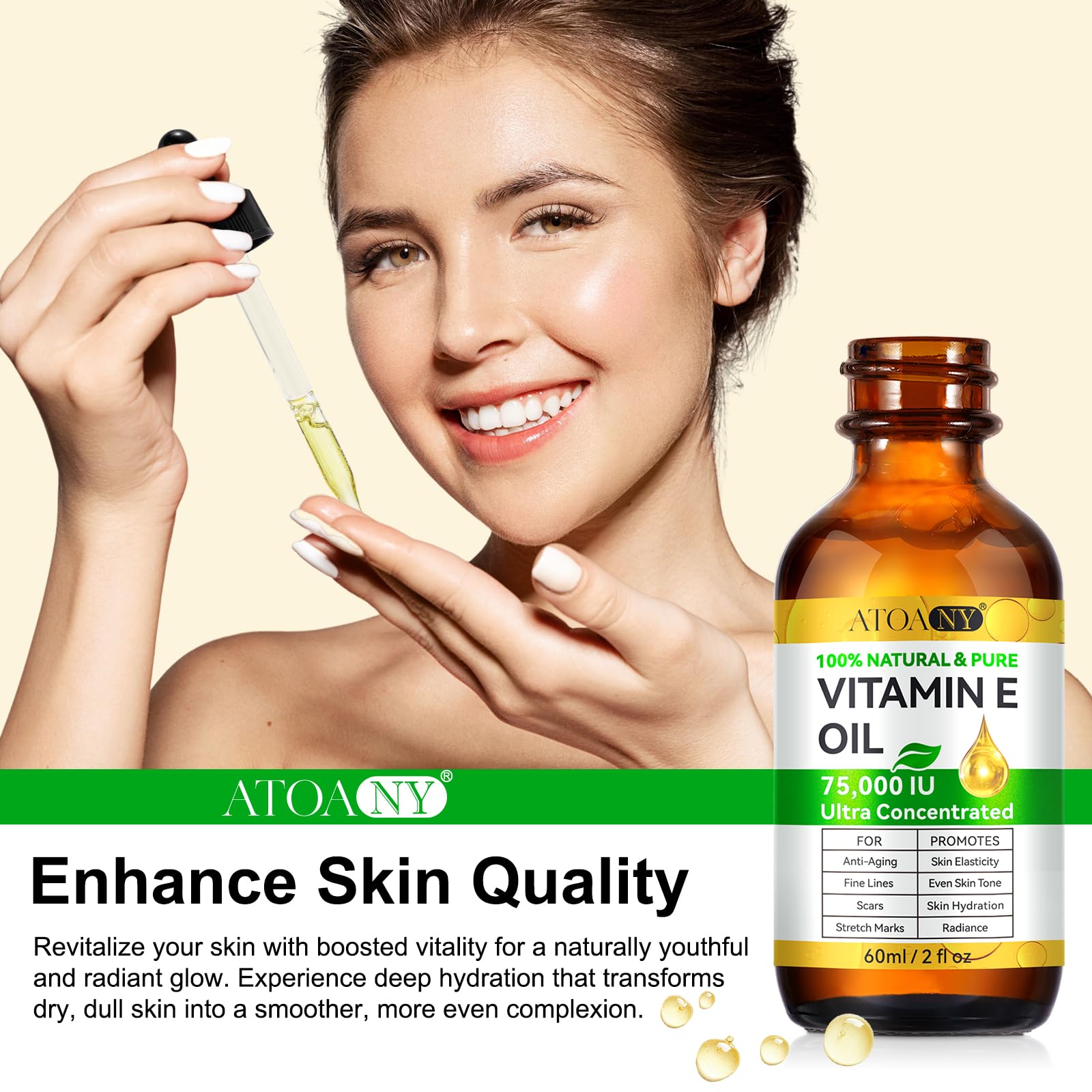 Huile vitamine E ATOANY 75 000 UI – formule naturelle, végan et non testée sur les animaux.