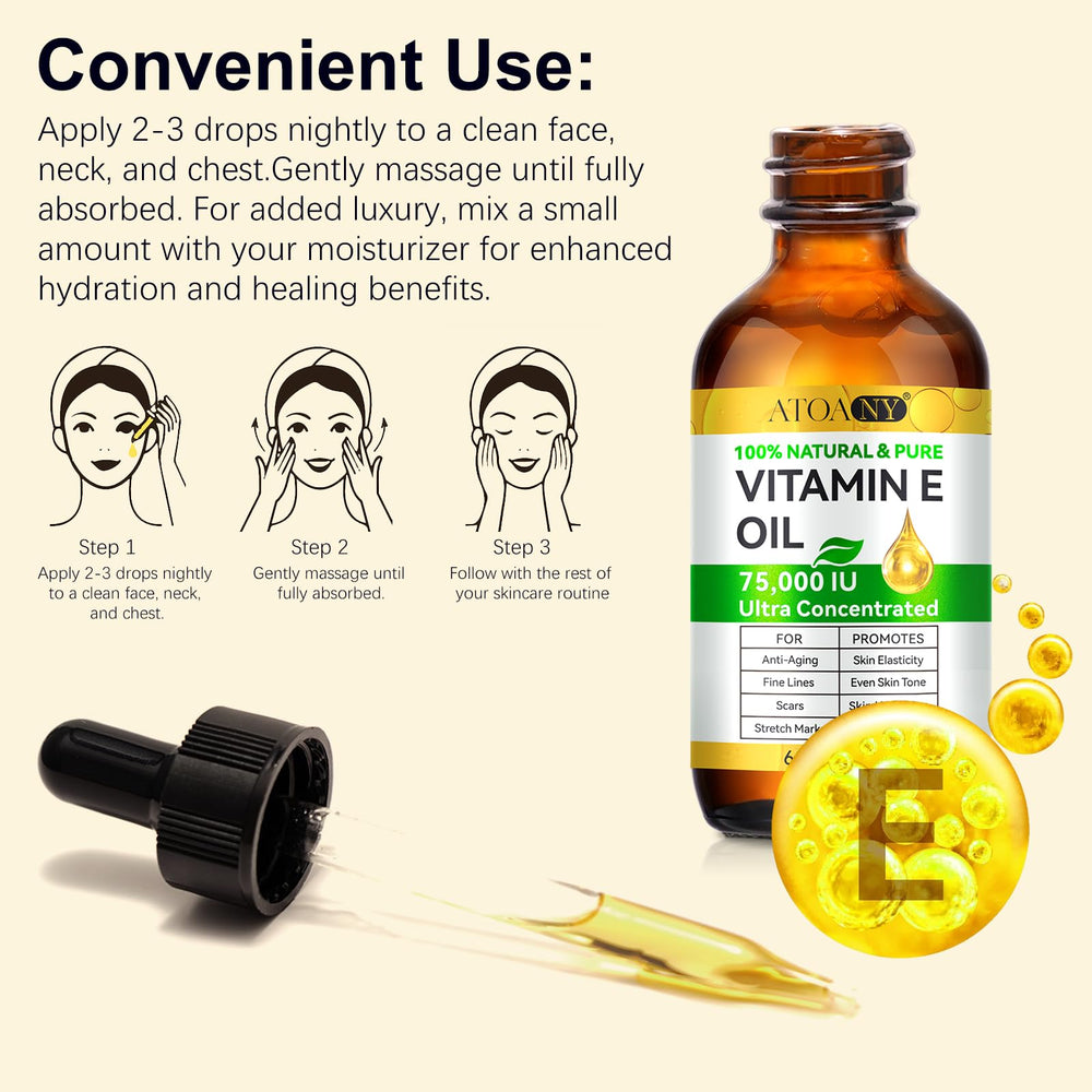 Huile vitamine E ATOANY 75 000 UI – hydratation en profondeur au quotidien.