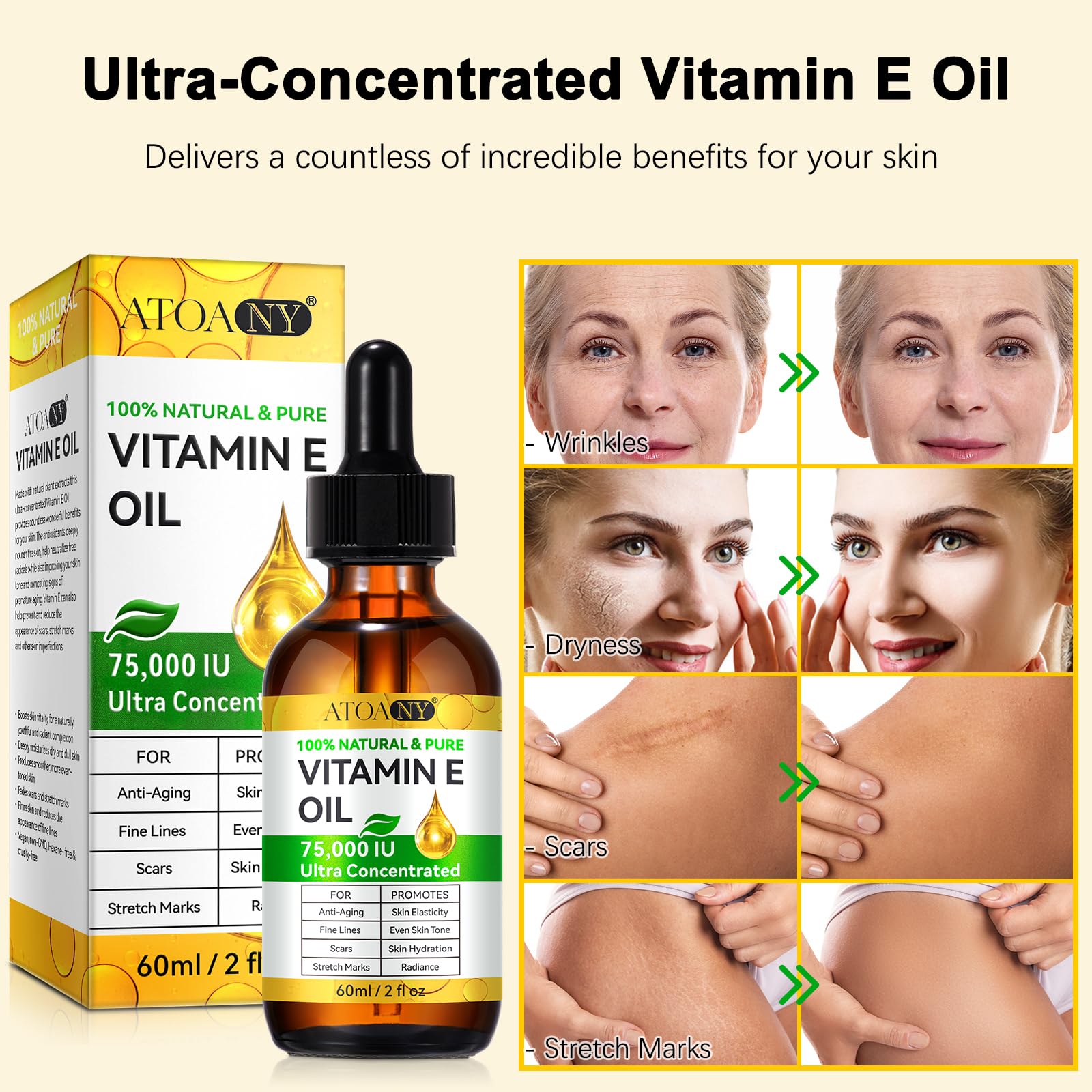 Huile vitamine E ATOANY 75 000 UI – soin cheveux pour brillance et douceur.