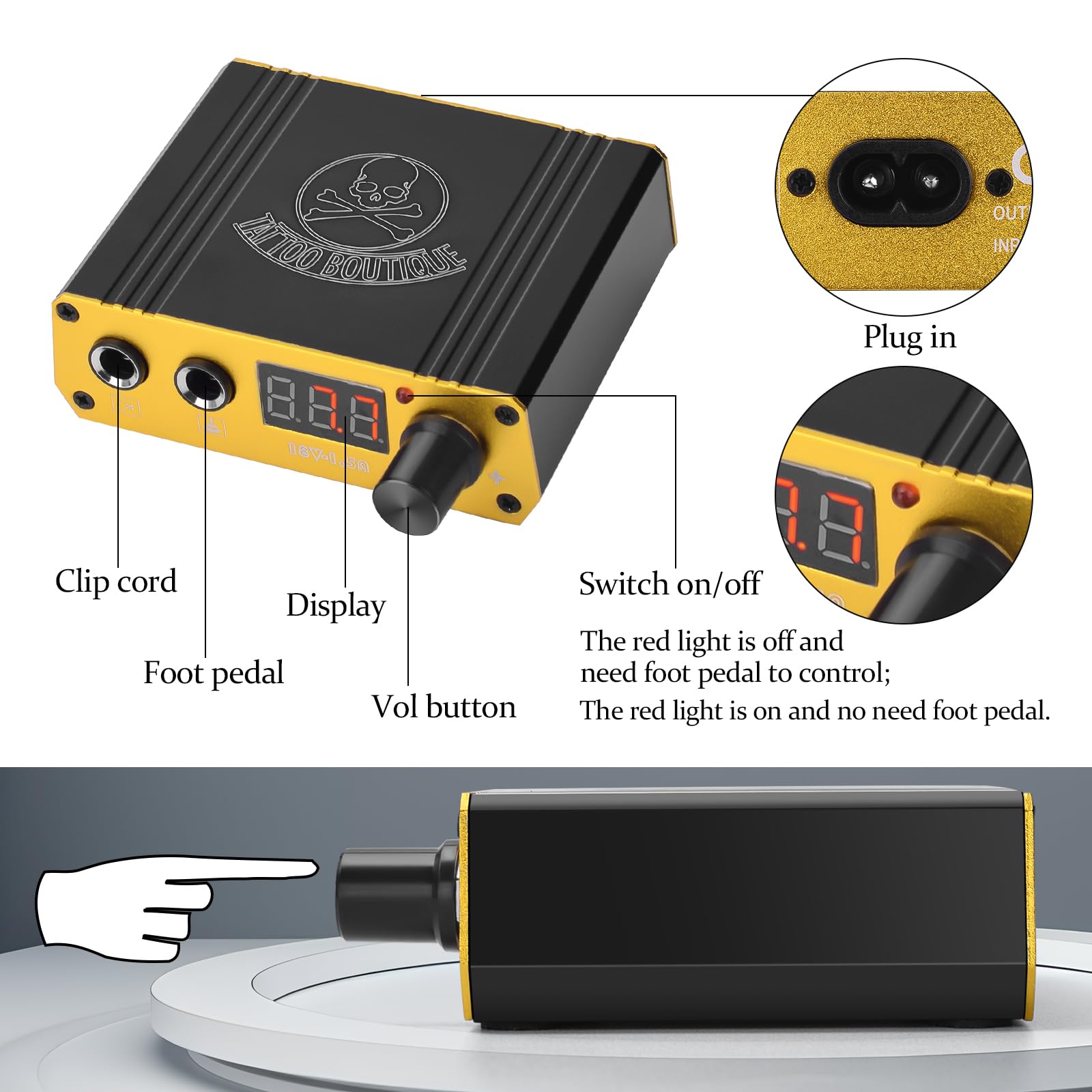 ATOMUS alimentation tatouage port RCA et pédale pour un contrôle fluide.