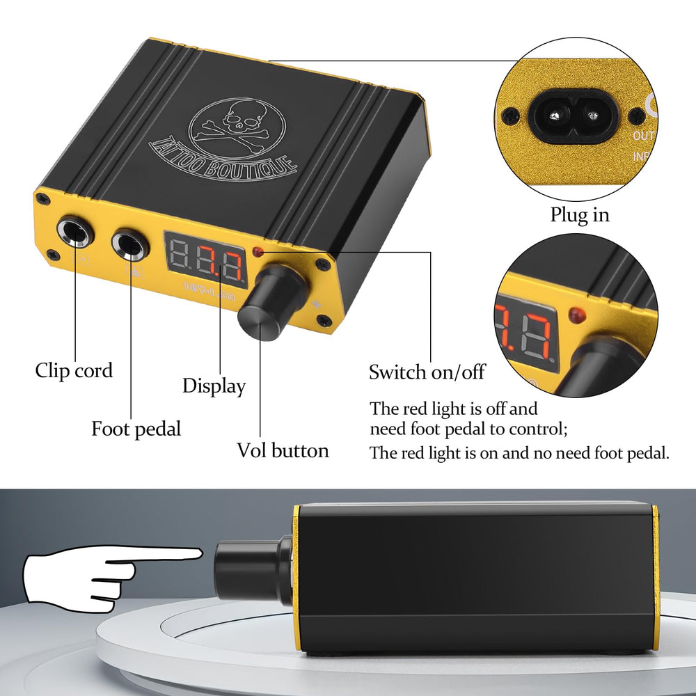 ATOMUS alimentation tatouage port RCA et pédale pour un contrôle fluide.