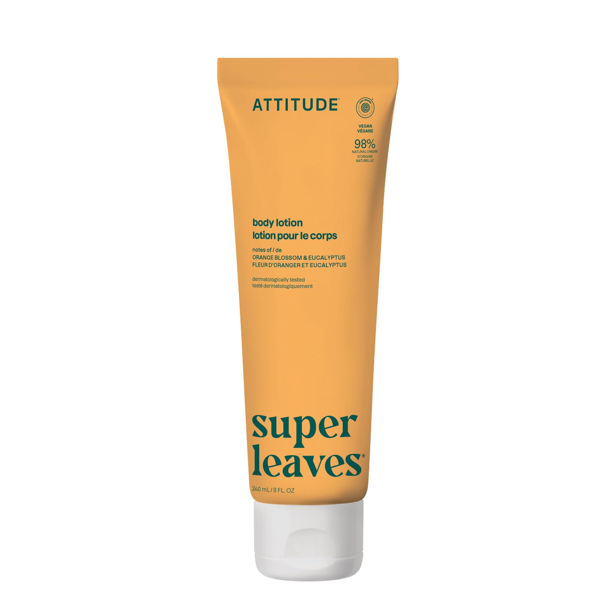 ATTITUDE Lotion pour le corps bouteille orange et eucalyptus, parfum apaisant et revitalisant.
