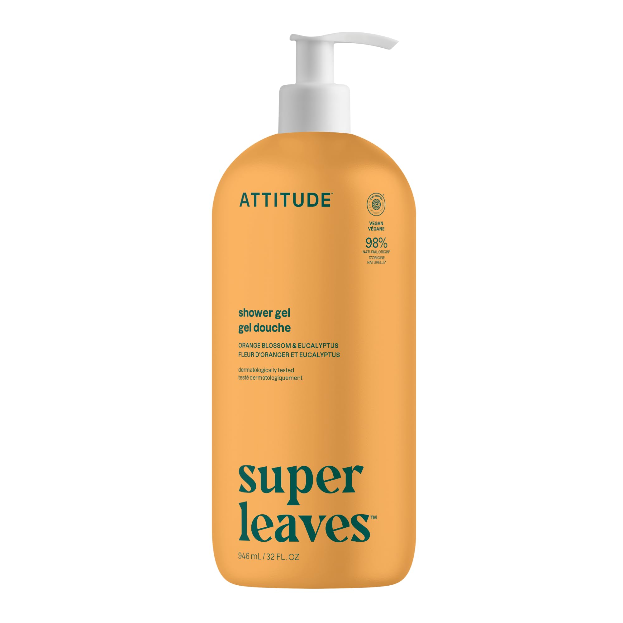 ATTITUDE Gel Douche: bouteille orange-eucalyptus, parfum frais et revitalisant.