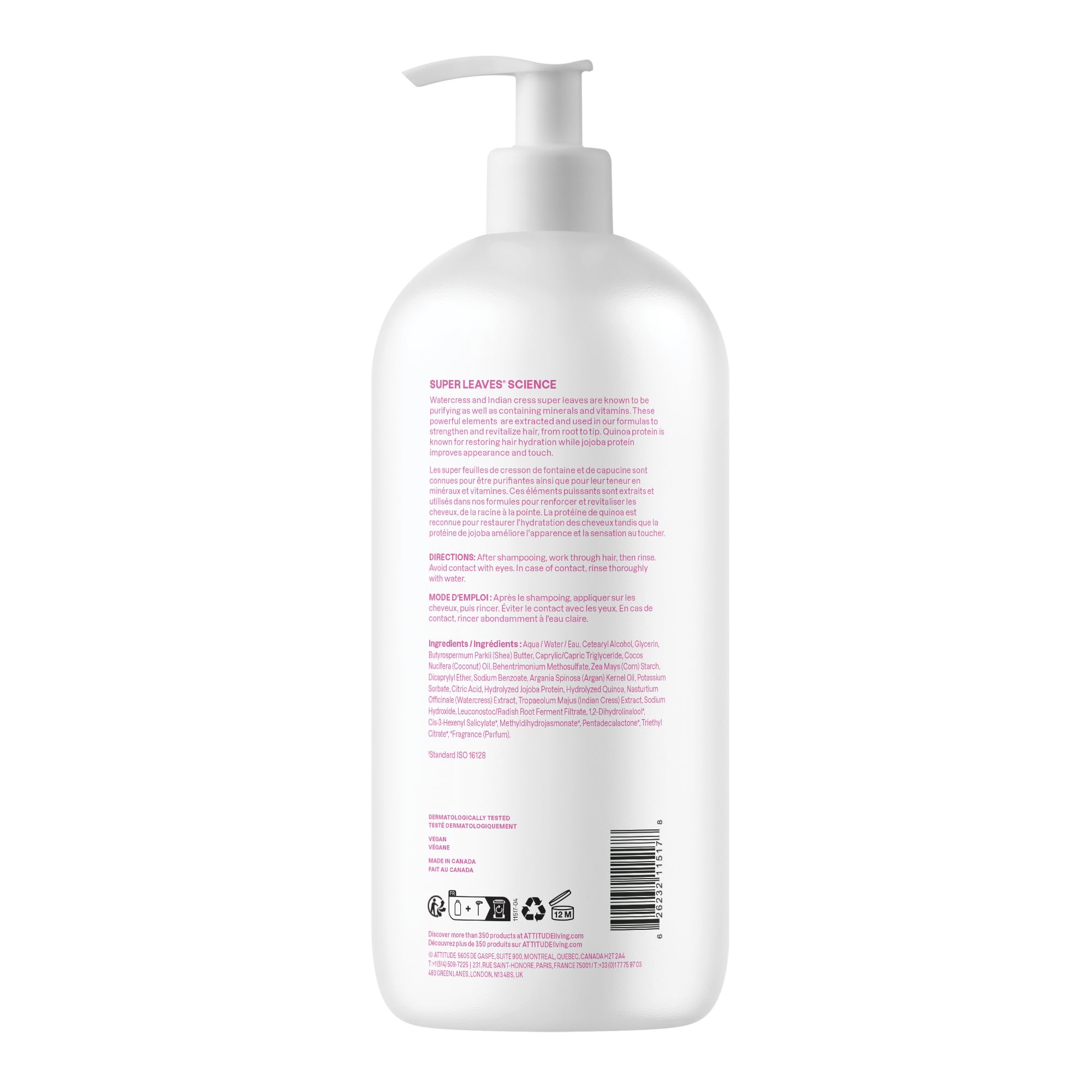 Conditionneur végan Attitude sans silicone ni SLES pour une douceur naturelle.