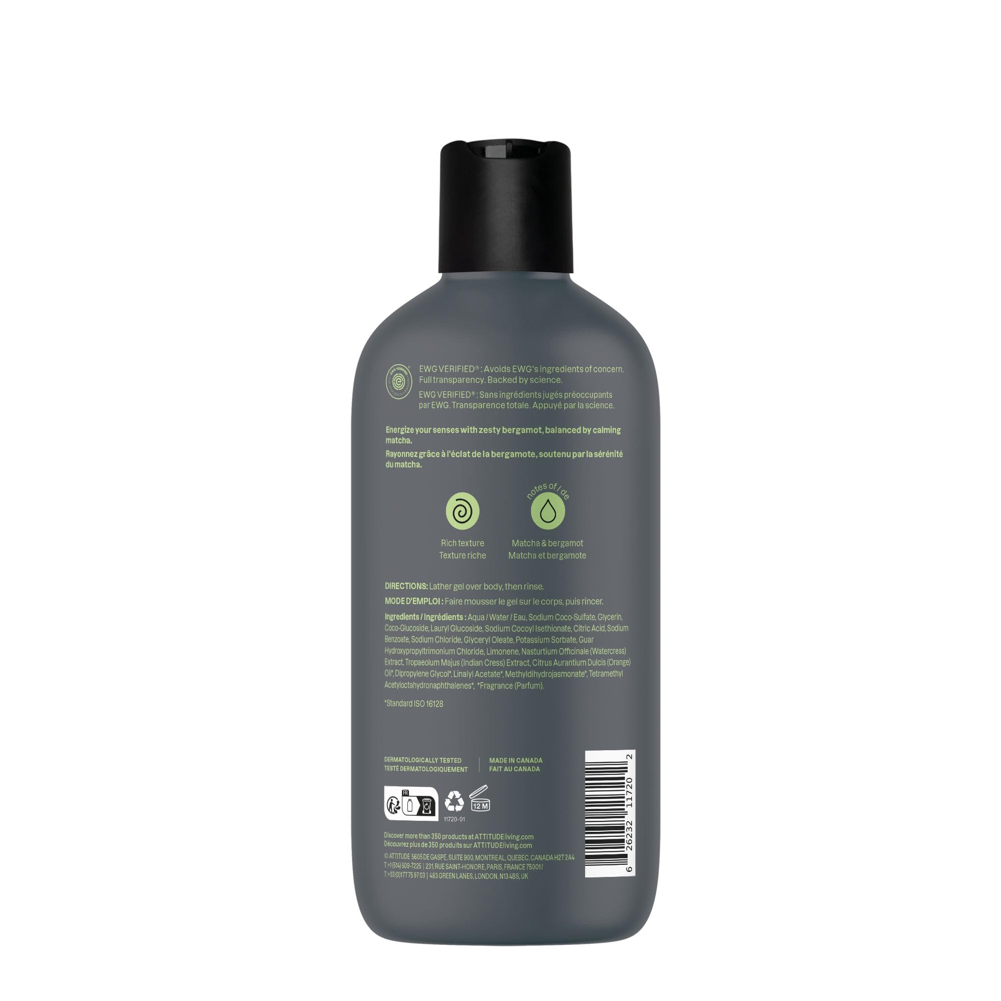ATTITUDE gel douche homme, nettoie sans dessécher et laisse la peau douce.