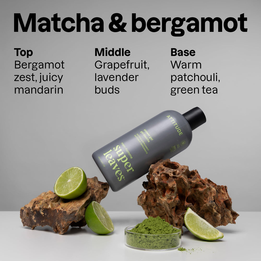 ATTITUDE gel douche homme, ingrédients naturels visibles sur l’étiquette.